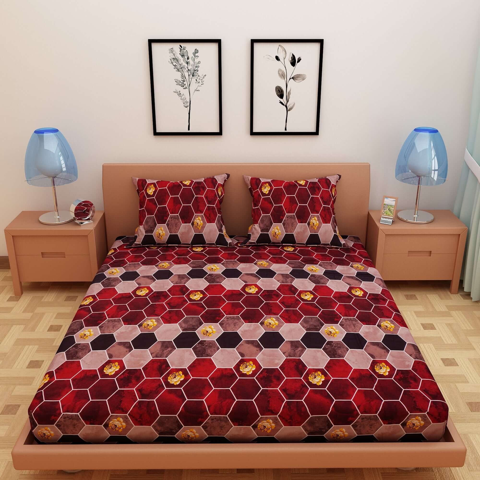 Honeycomb Print Red 120 TC 100% Pure Cotton Bedsheet - Dream Care Furnishings Private Limited