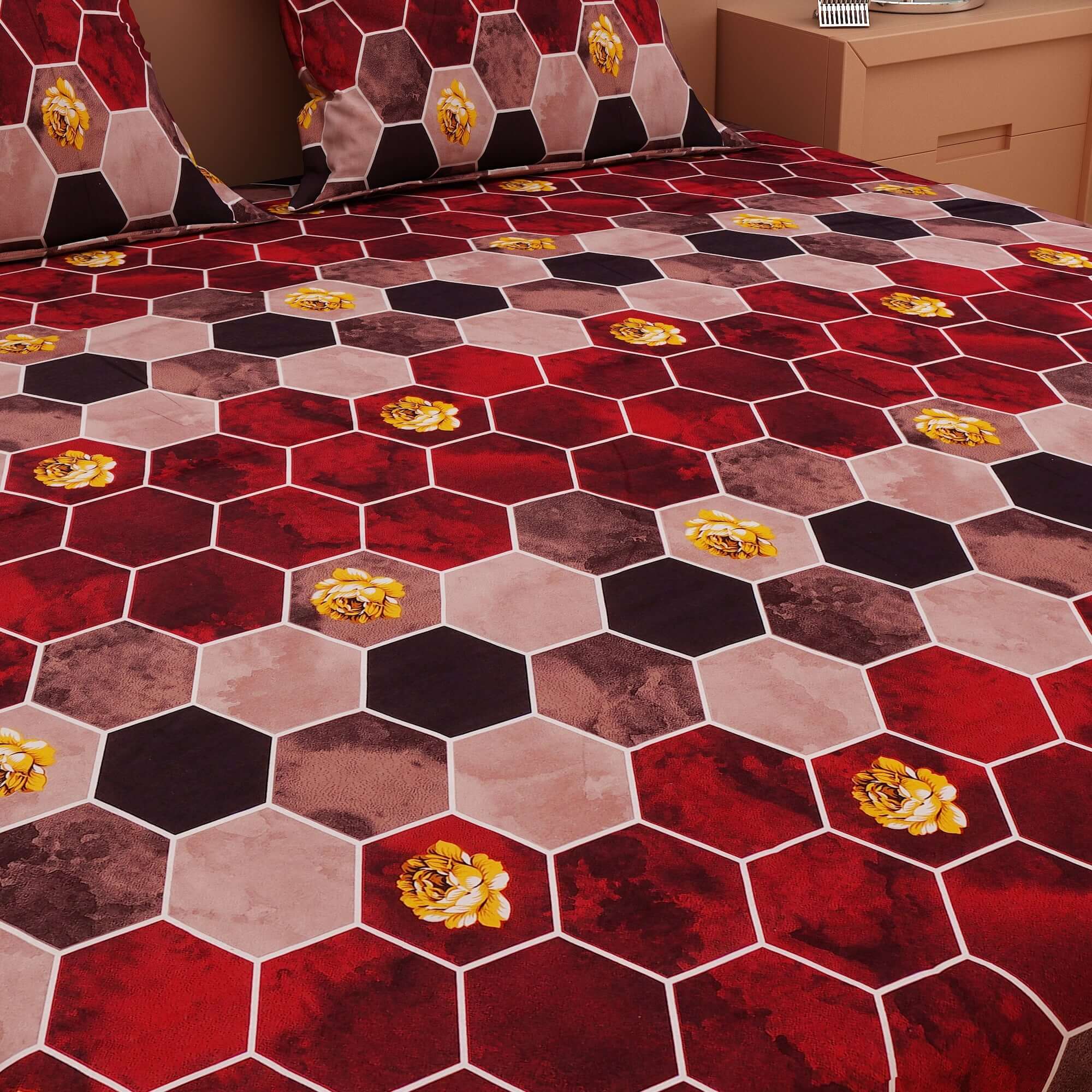 Honeycomb Print Red 120 TC 100% Pure Cotton Bedsheet - Dream Care Furnishings Private Limited