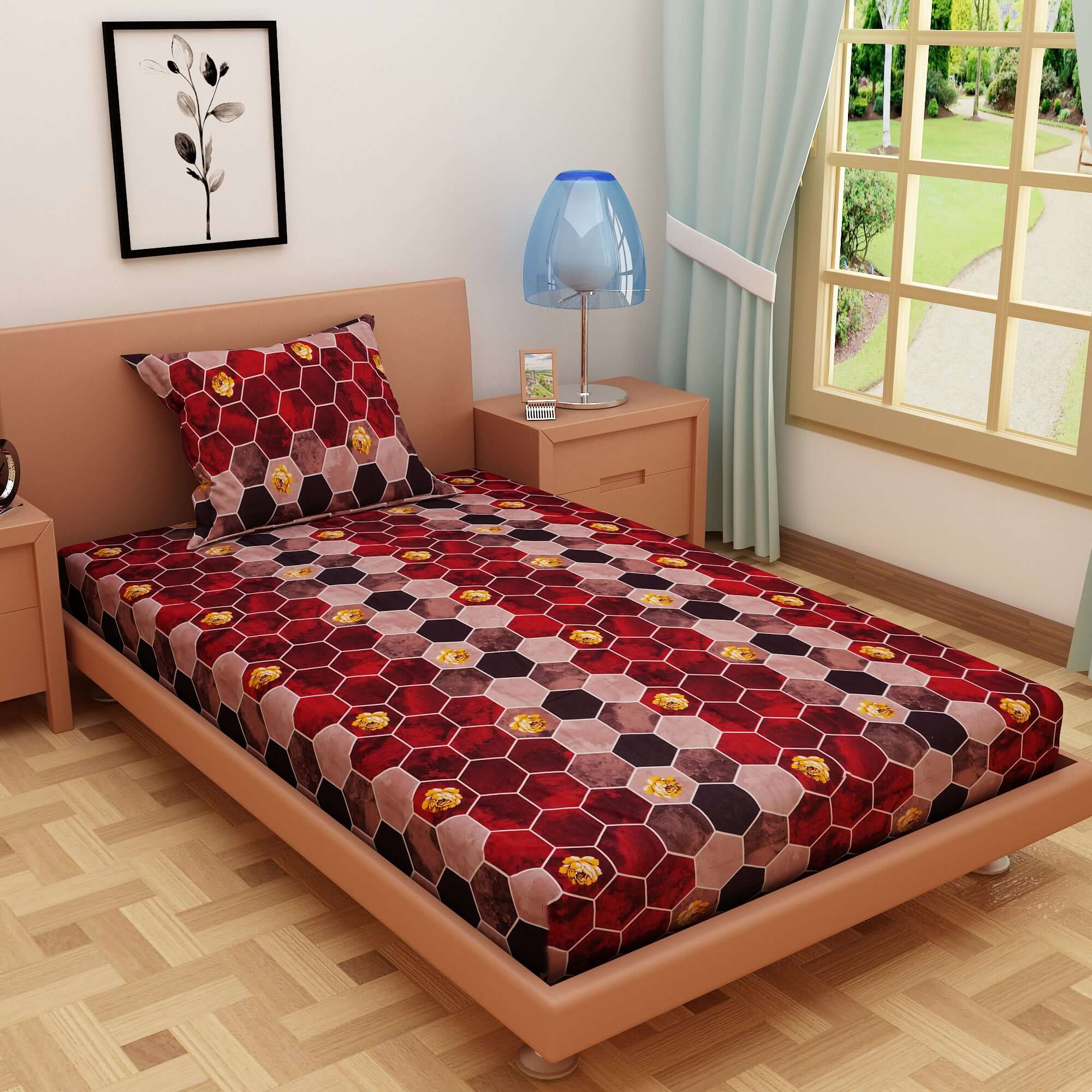 Honeycomb Print Red 120 TC 100% Pure Cotton Bedsheet - Dream Care Furnishings Private Limited