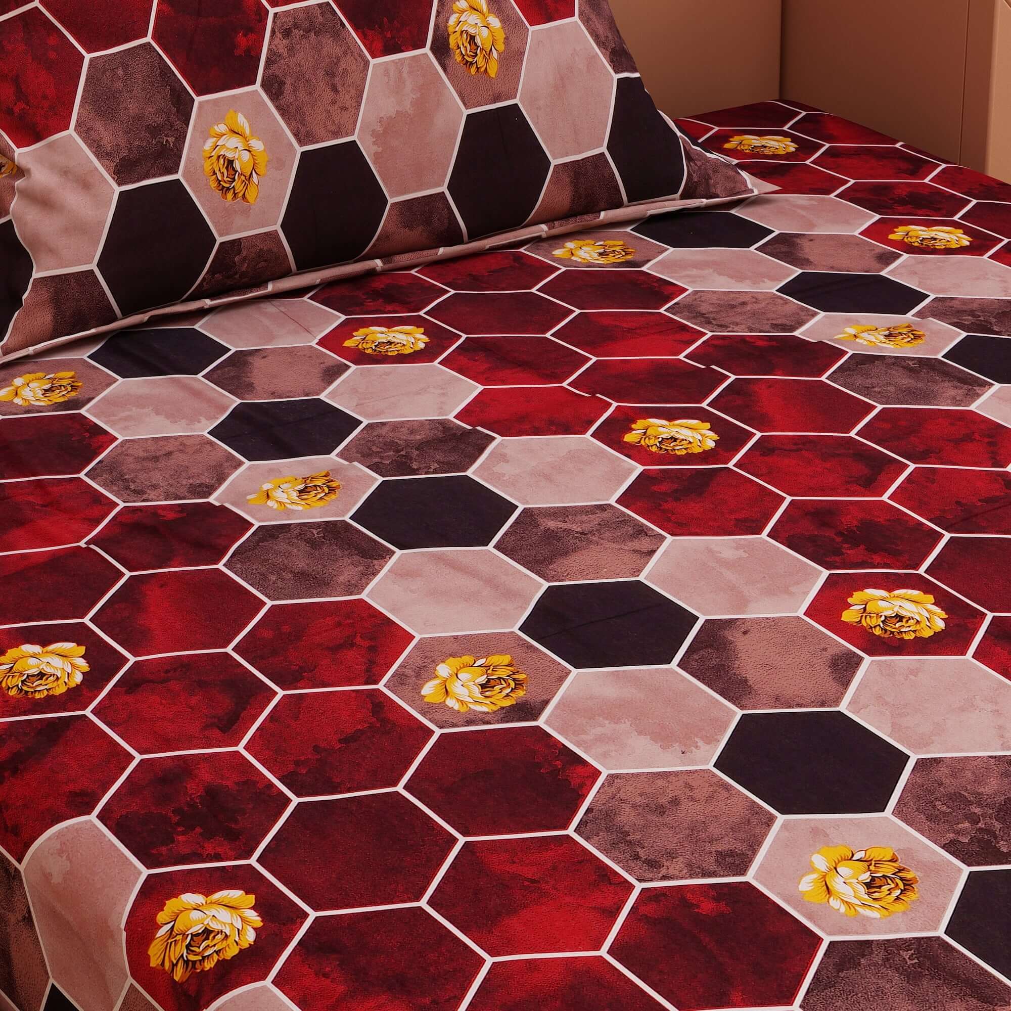 Honeycomb Print Red 120 TC 100% Pure Cotton Bedsheet - Dream Care Furnishings Private Limited