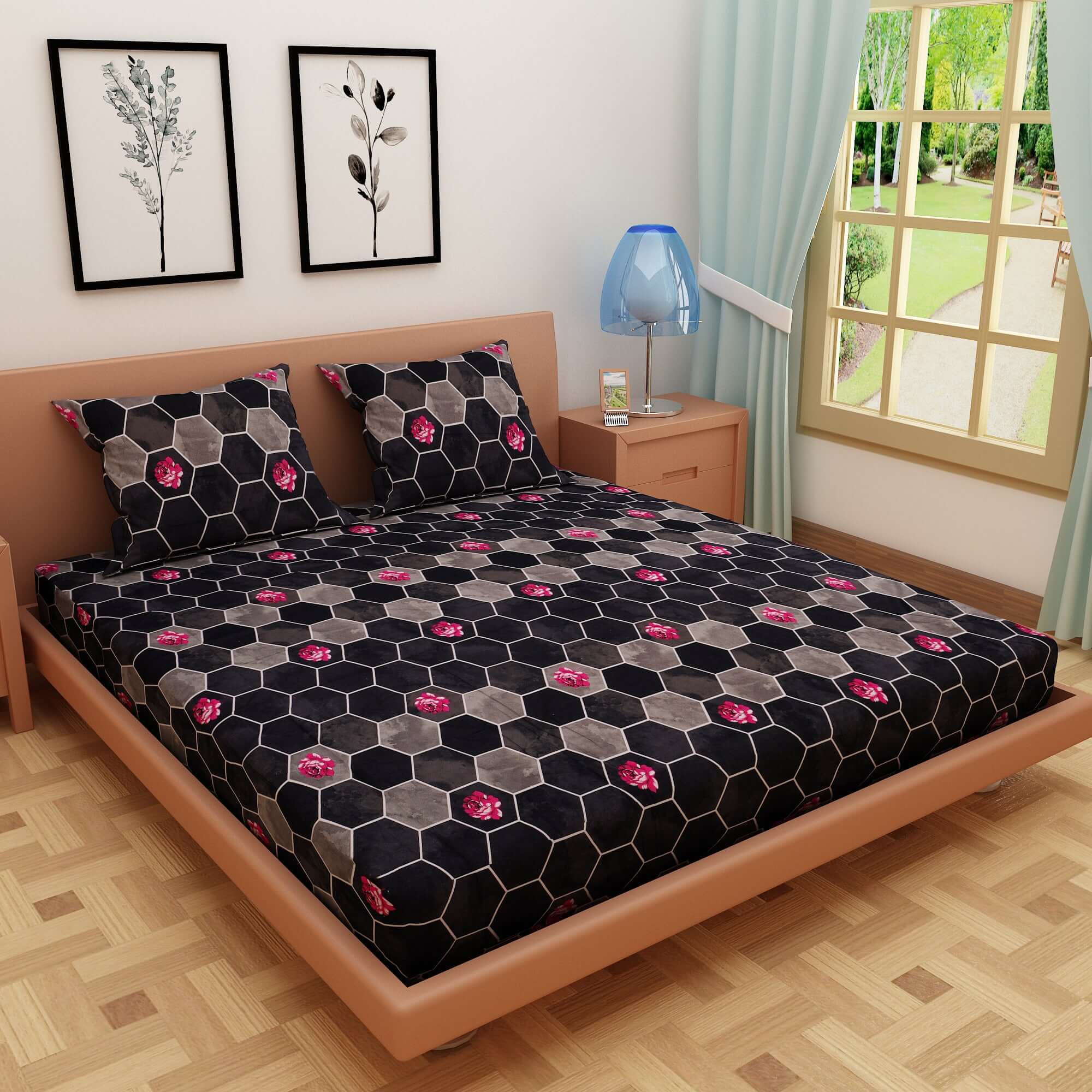 Honeycomb Print Black 120 TC 100% Pure Cotton Bedsheet - Dream Care Furnishings Private Limited
