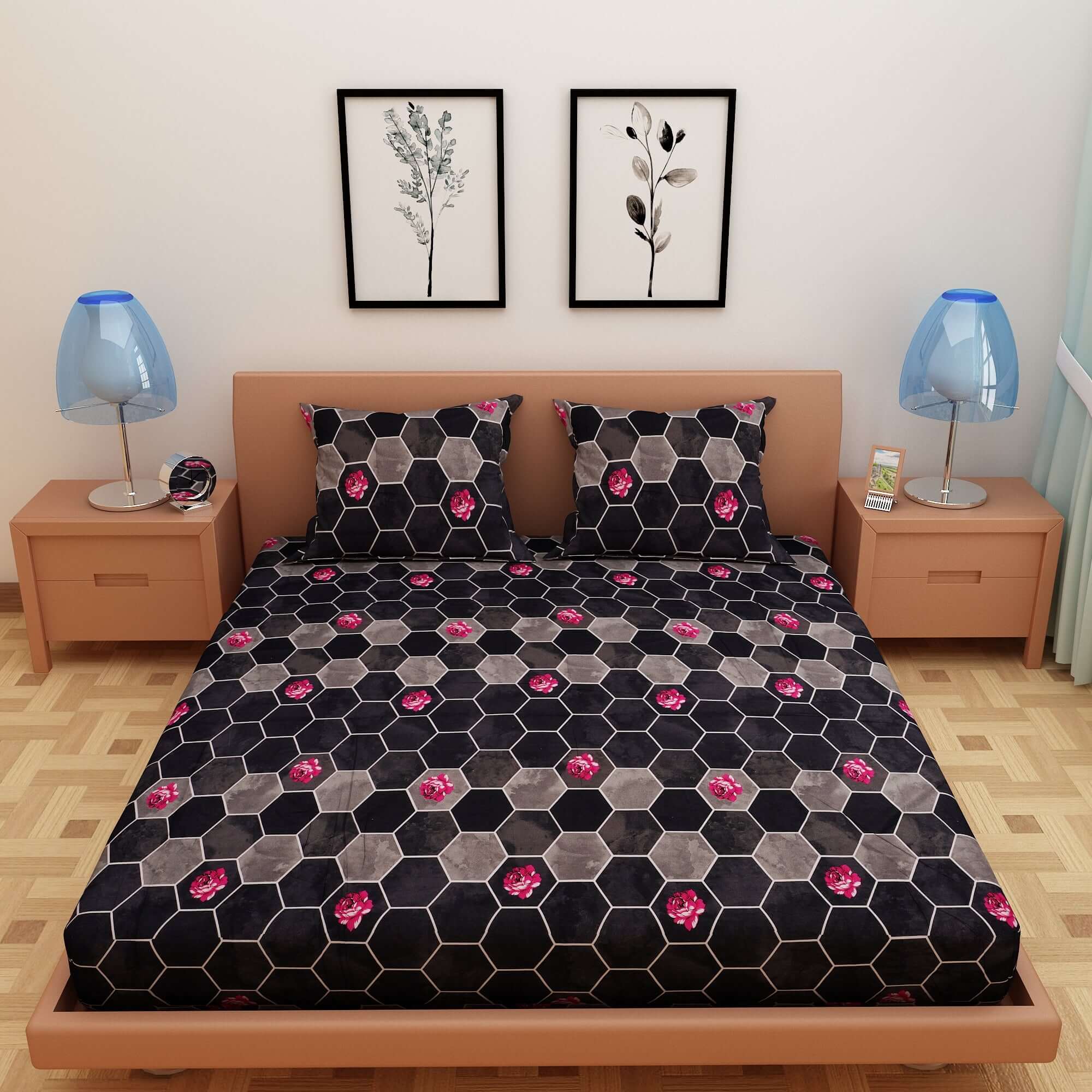 Honeycomb Print Black 120 TC 100% Pure Cotton Bedsheet - Dream Care Furnishings Private Limited