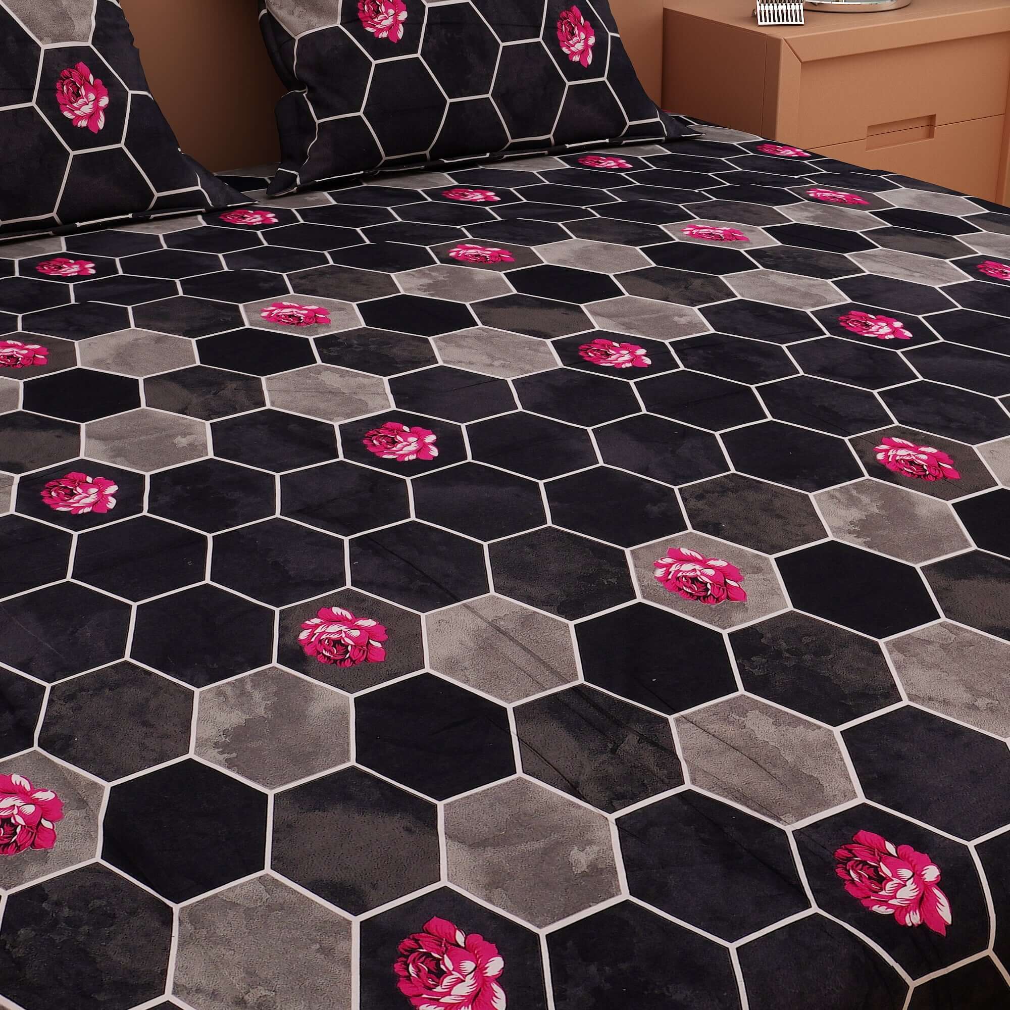 Honeycomb Print Black 120 TC 100% Pure Cotton Bedsheet - Dream Care Furnishings Private Limited