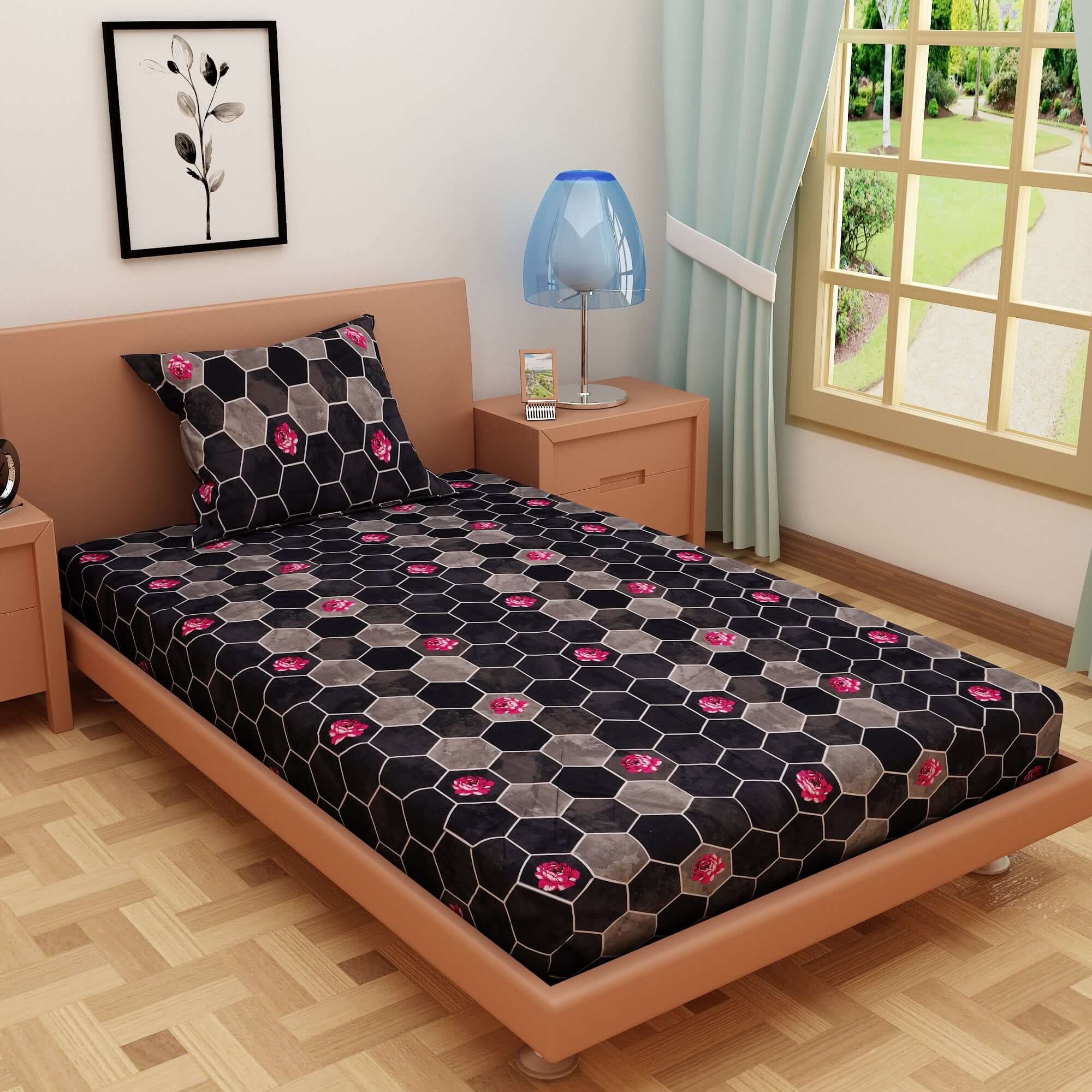Honeycomb Print Black 120 TC 100% Pure Cotton Bedsheet - Dream Care Furnishings Private Limited