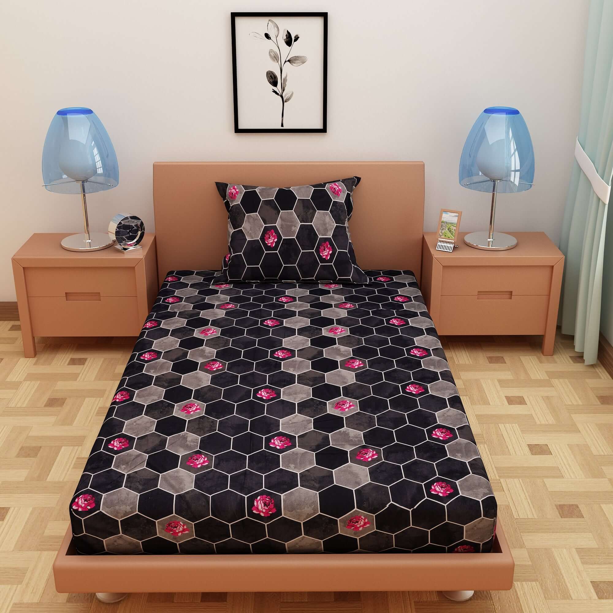 Honeycomb Print Black 120 TC 100% Pure Cotton Bedsheet - Dream Care Furnishings Private Limited