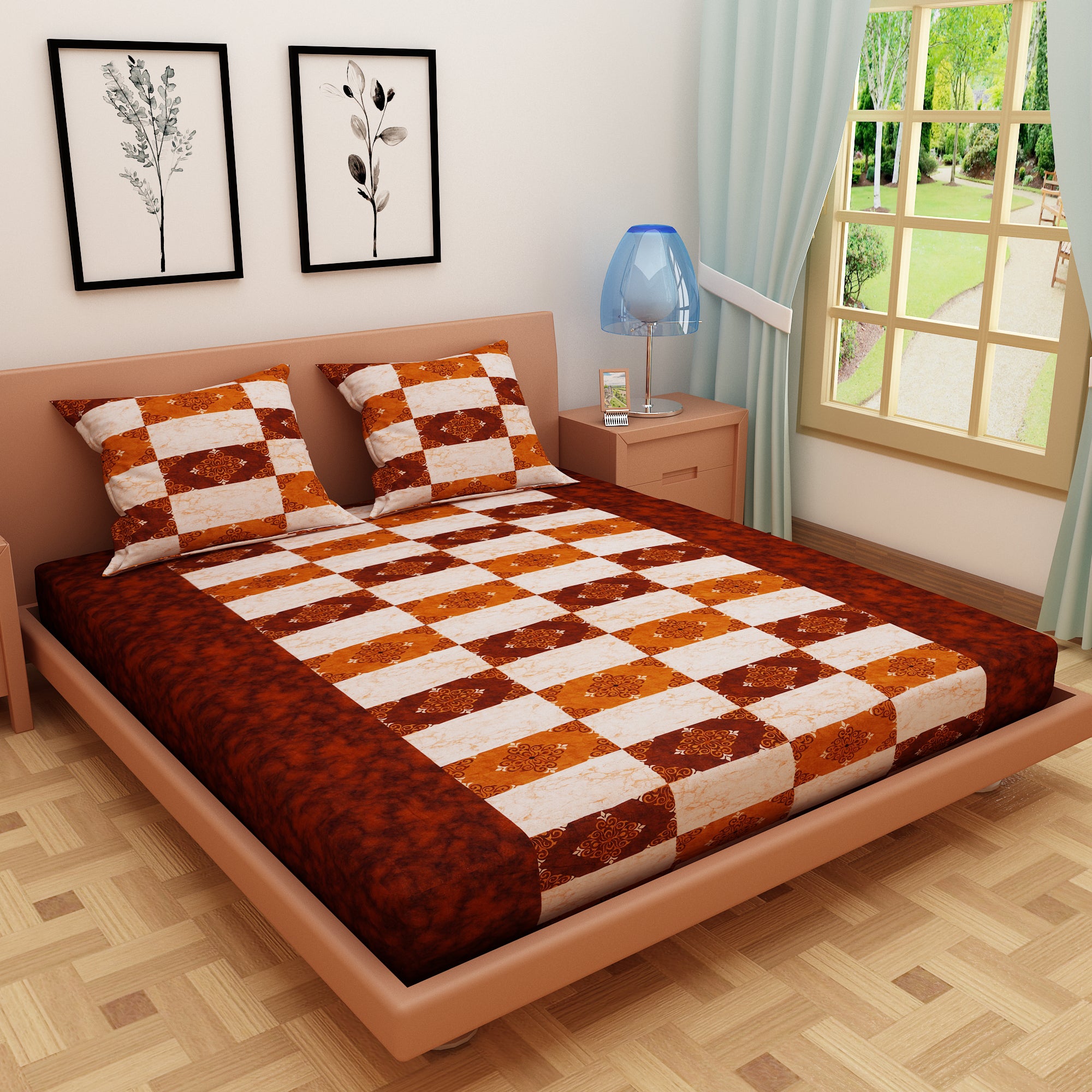 Modern Art Print Dark Orange 120 TC 100% Pure Cotton Bedsheet - Dream Care Furnishings Private Limited