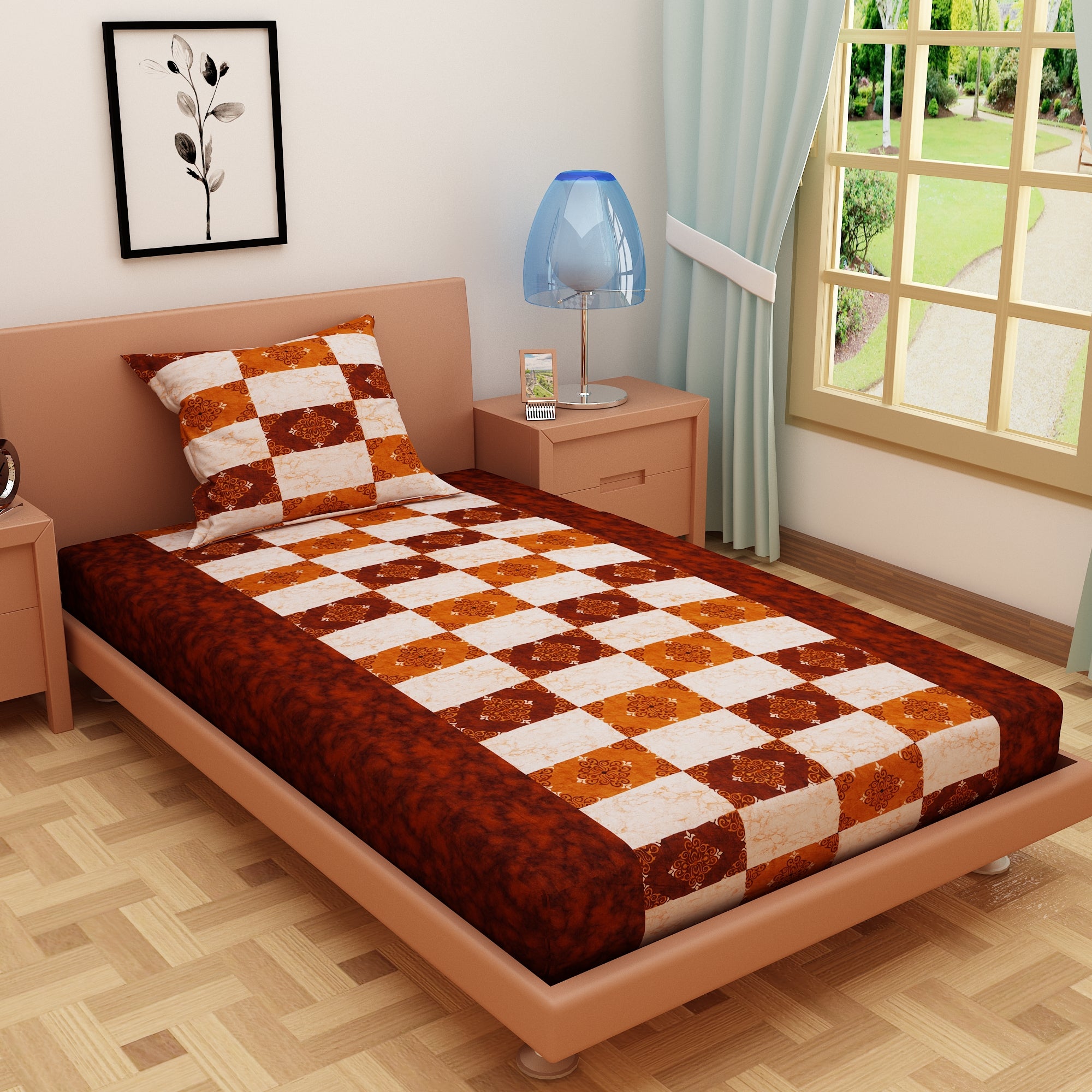 Modern Art Print Dark Orange 120 TC 100% Pure Cotton Bedsheet - Dream Care Furnishings Private Limited