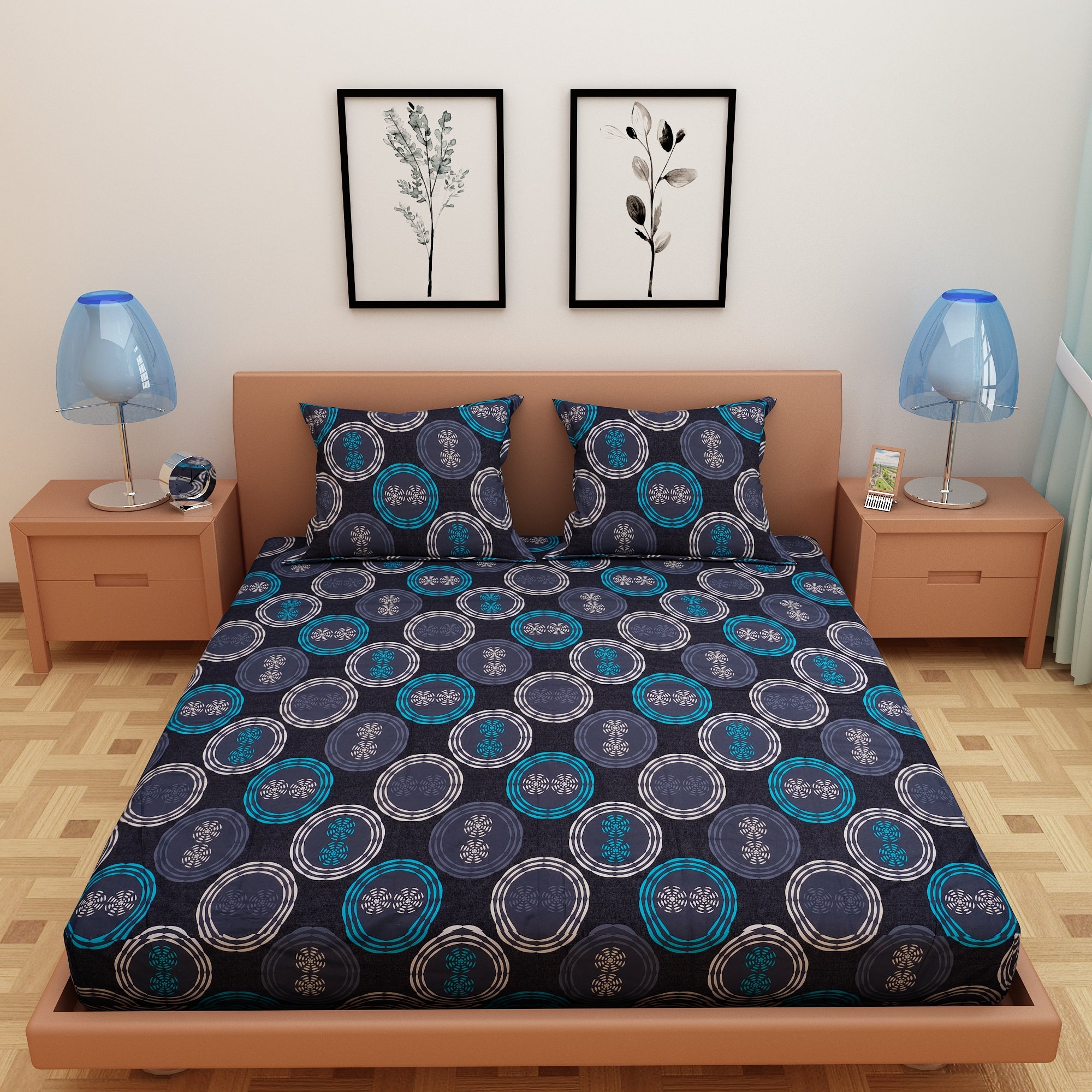 Spinner Print Blue 120 TC 100% Pure Cotton Bedsheet - Dream Care Furnishings Private Limited