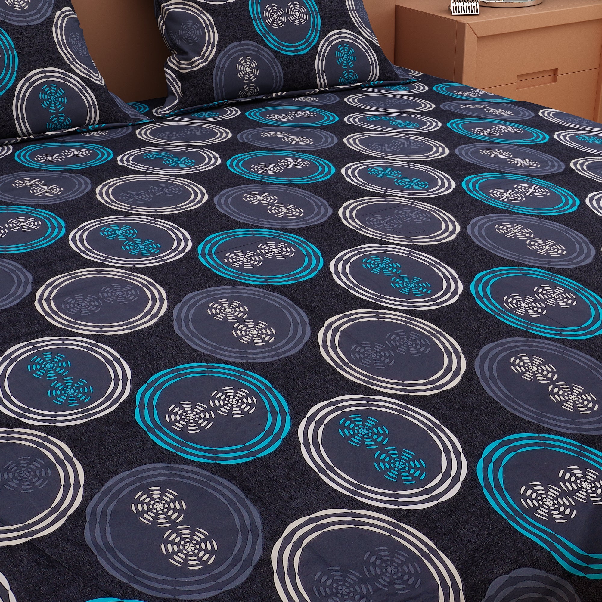 Spinner Print Blue 120 TC 100% Pure Cotton Bedsheet - Dream Care Furnishings Private Limited