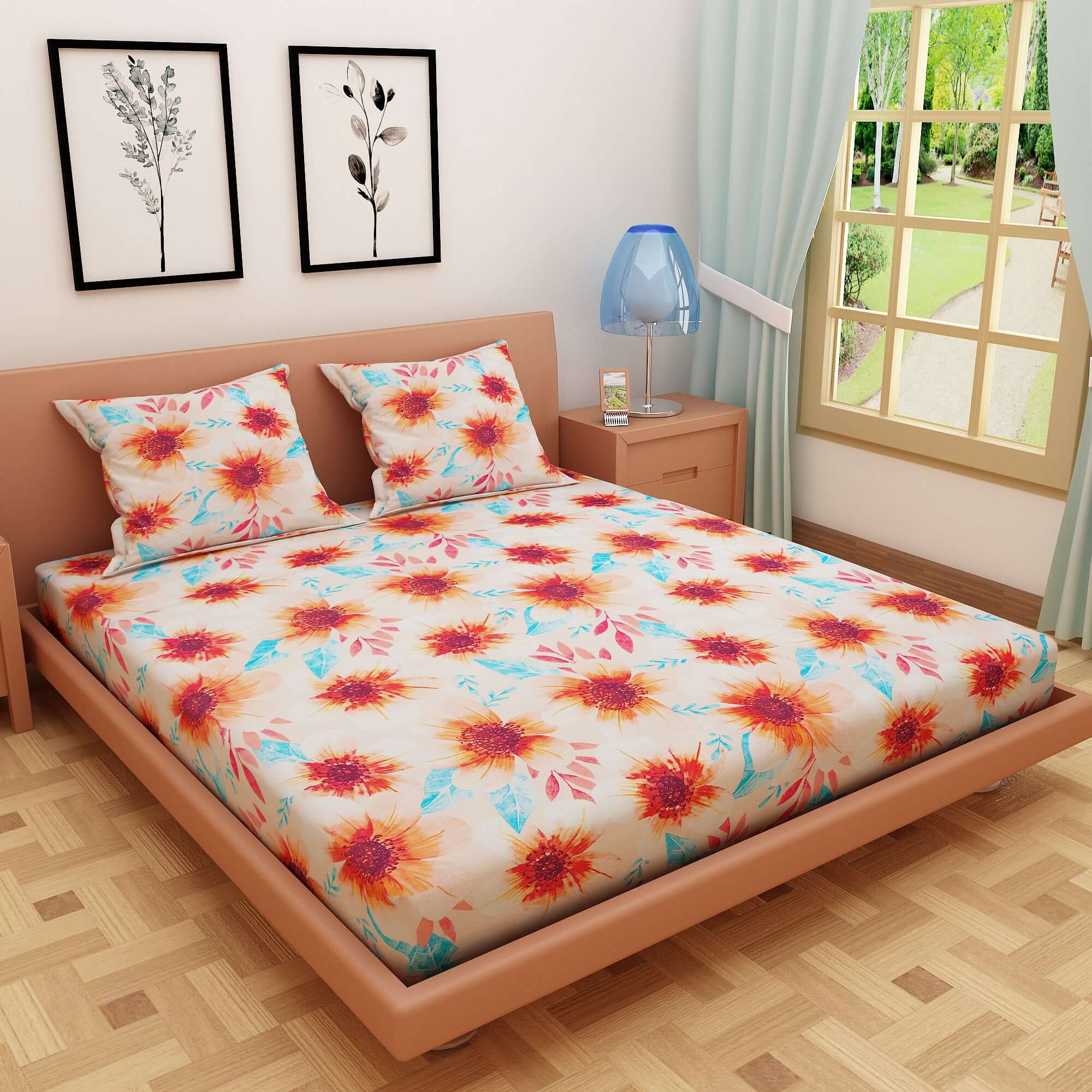 Floral Print Orange 120 TC 100% Pure Cotton Bedsheet - Dream Care Furnishings Private Limited