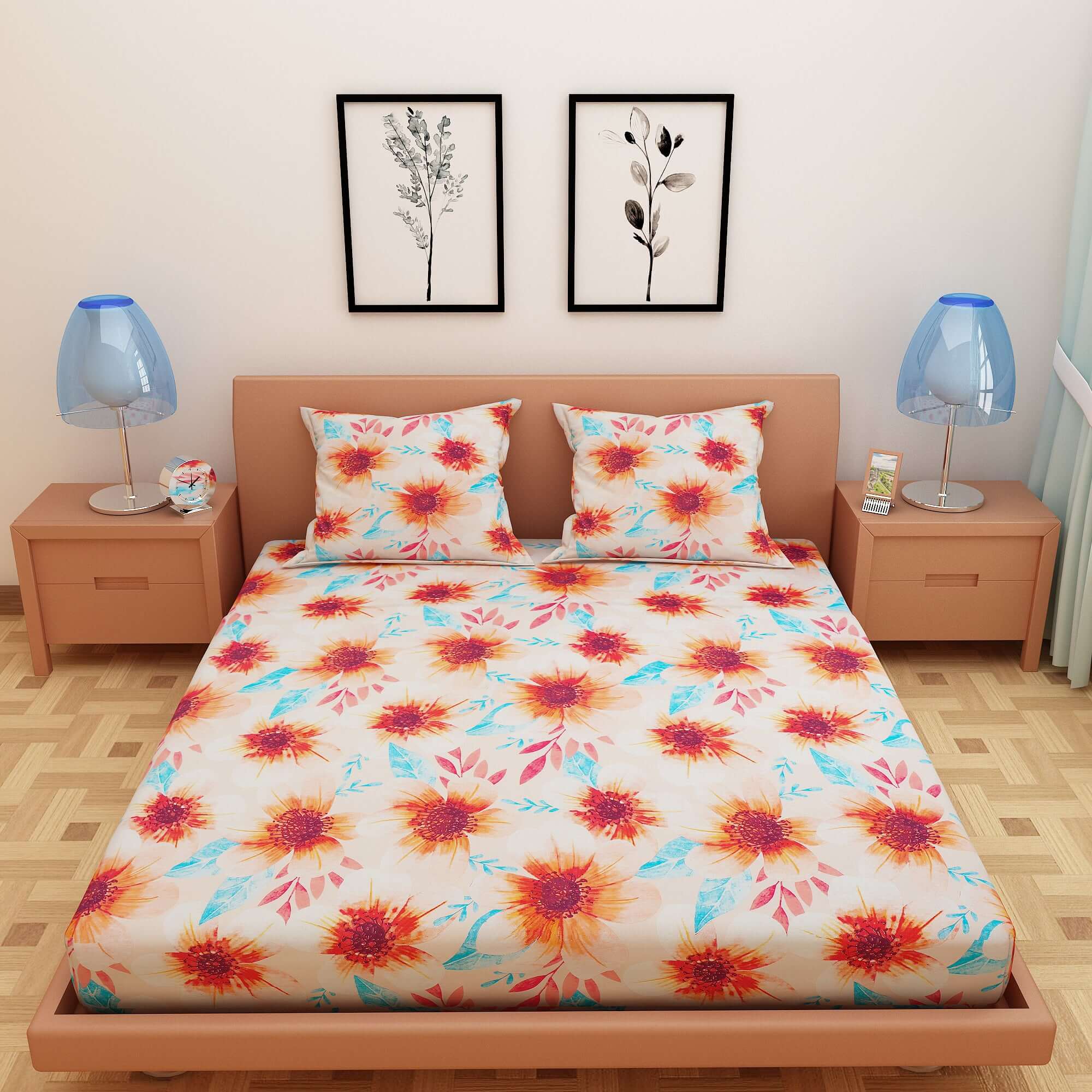 Floral Print Orange 120 TC 100% Pure Cotton Bedsheet - Dream Care Furnishings Private Limited