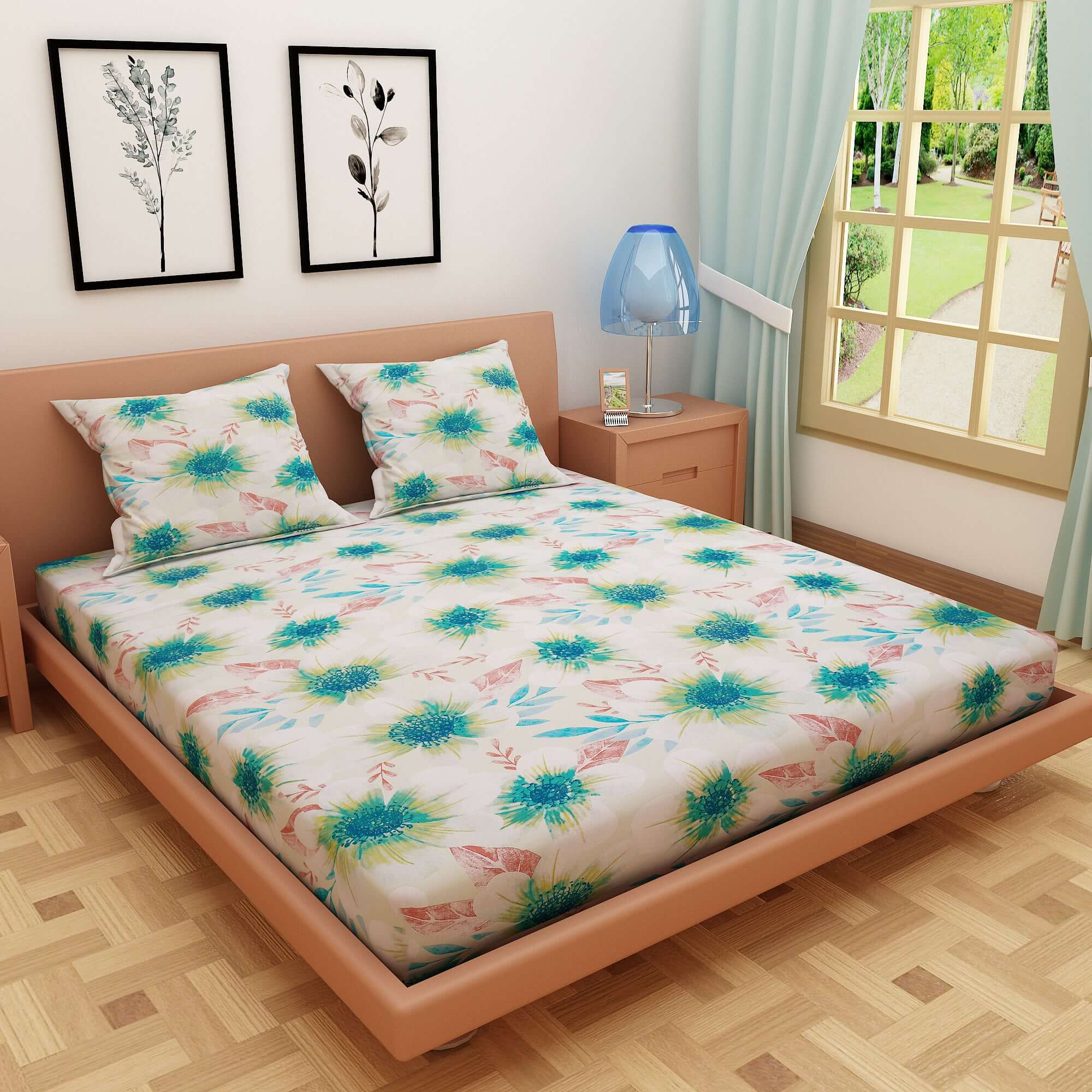 Floral Print Green 120 TC 100% Pure Cotton Bedsheet - Dream Care Furnishings Private Limited