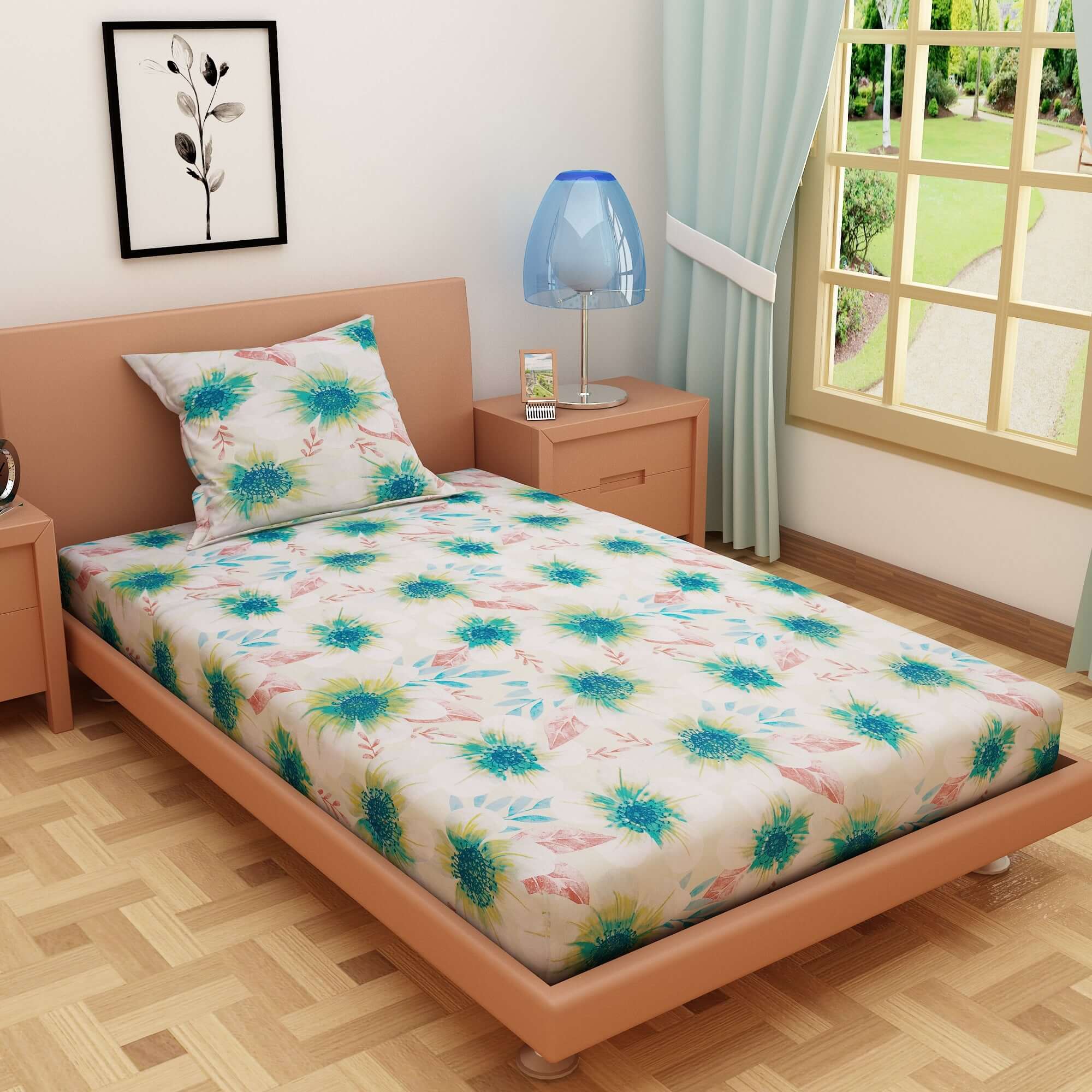 Floral Print Green 120 TC 100% Pure Cotton Bedsheet - Dream Care Furnishings Private Limited