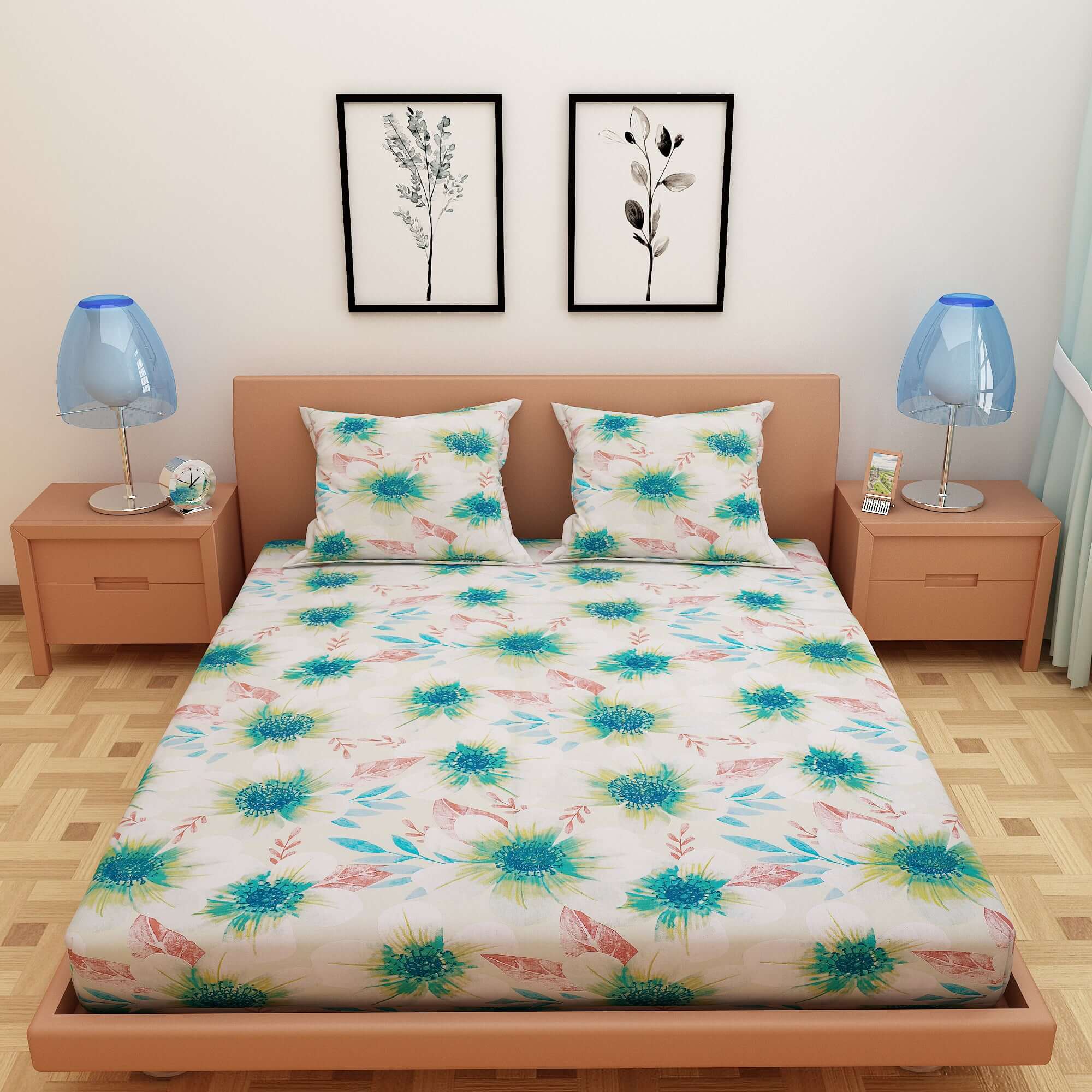 Floral Print Green 120 TC 100% Pure Cotton Bedsheet - Dream Care Furnishings Private Limited