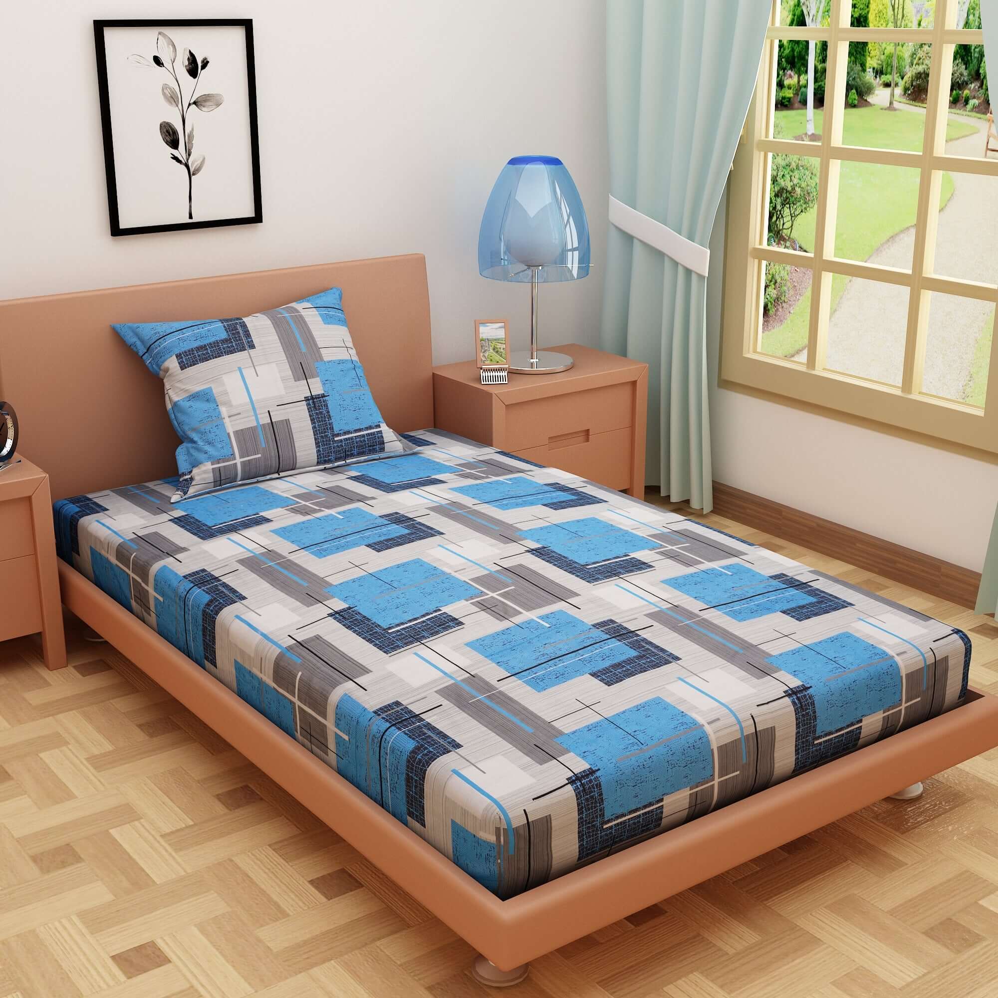 Geometric Print Blue 120 TC 100% Pure Cotton Bedsheet - Dream Care Furnishings Private Limited