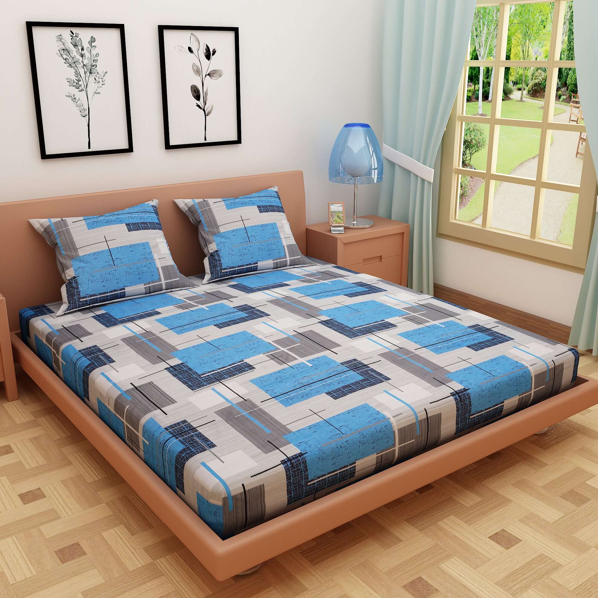 Geometric Print Blue 120 TC 100% Pure Cotton Bedsheet - Dream Care Furnishings Private Limited