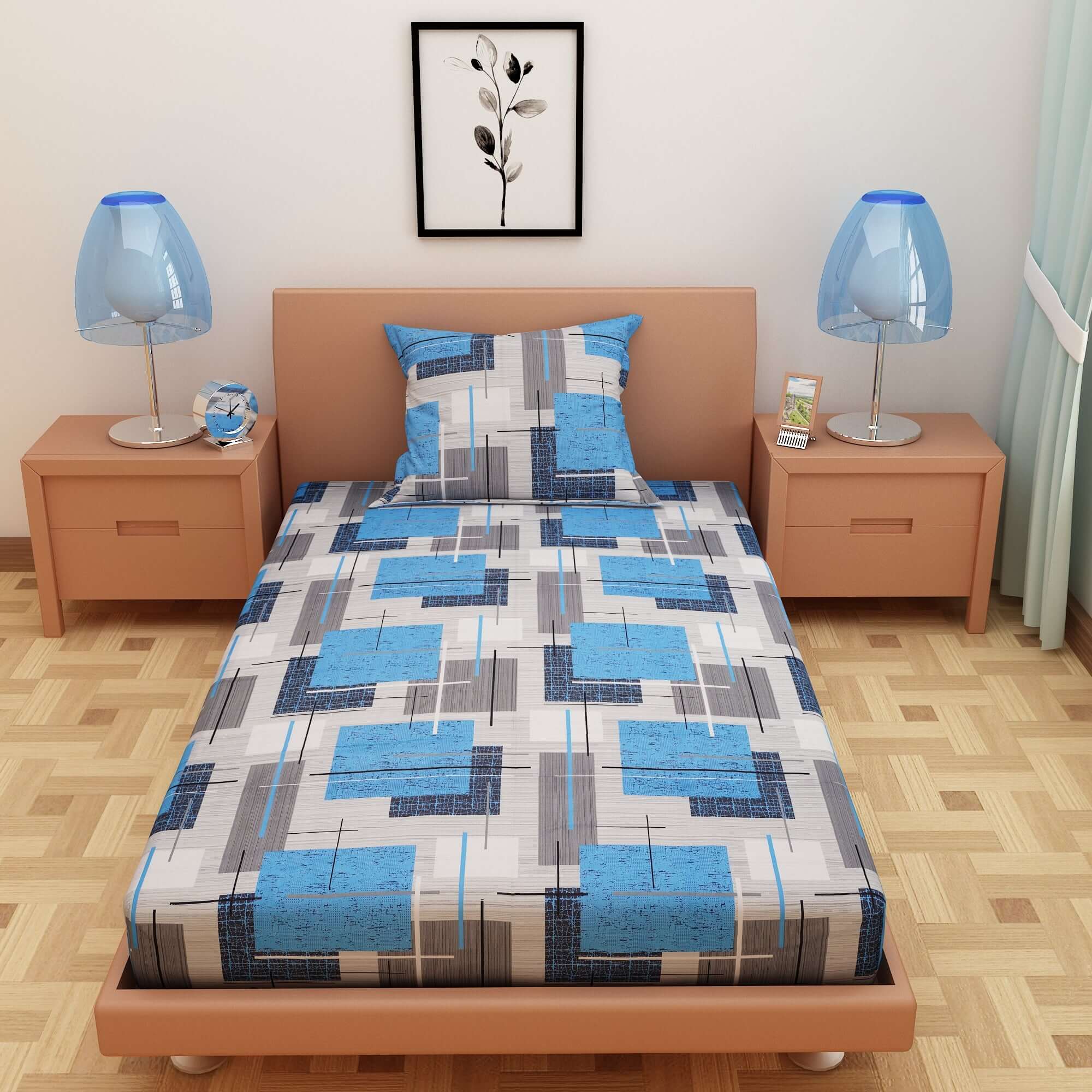 Geometric Print Blue 120 TC 100% Pure Cotton Bedsheet - Dream Care Furnishings Private Limited
