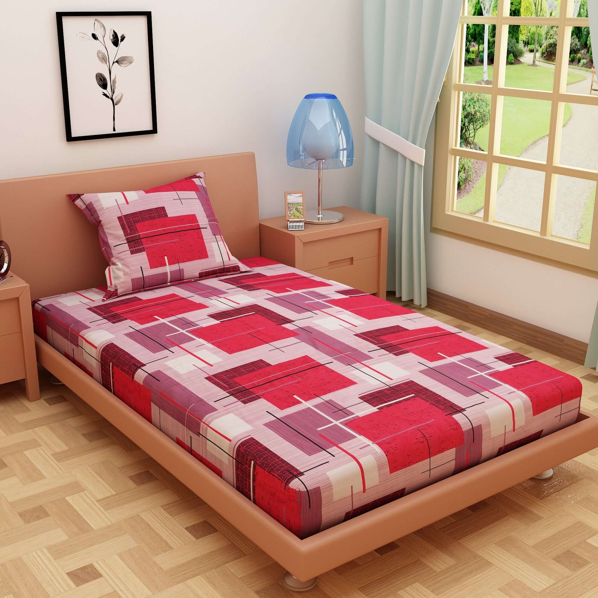 Geometric Print Red 120 TC 100% Pure Cotton Bedsheet - Dream Care Furnishings Private Limited