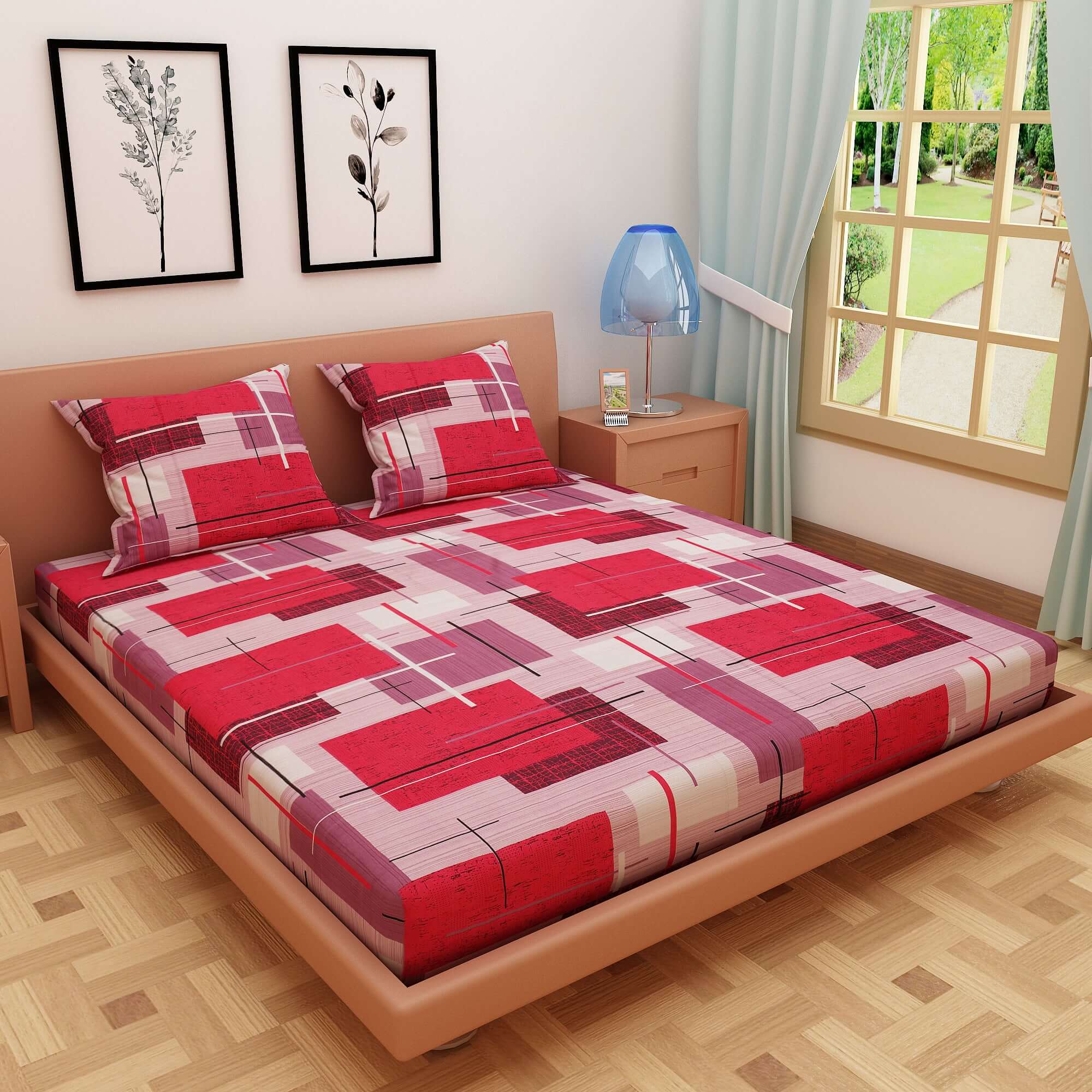 Geometric Print Red 120 TC 100% Pure Cotton Bedsheet - Dream Care Furnishings Private Limited
