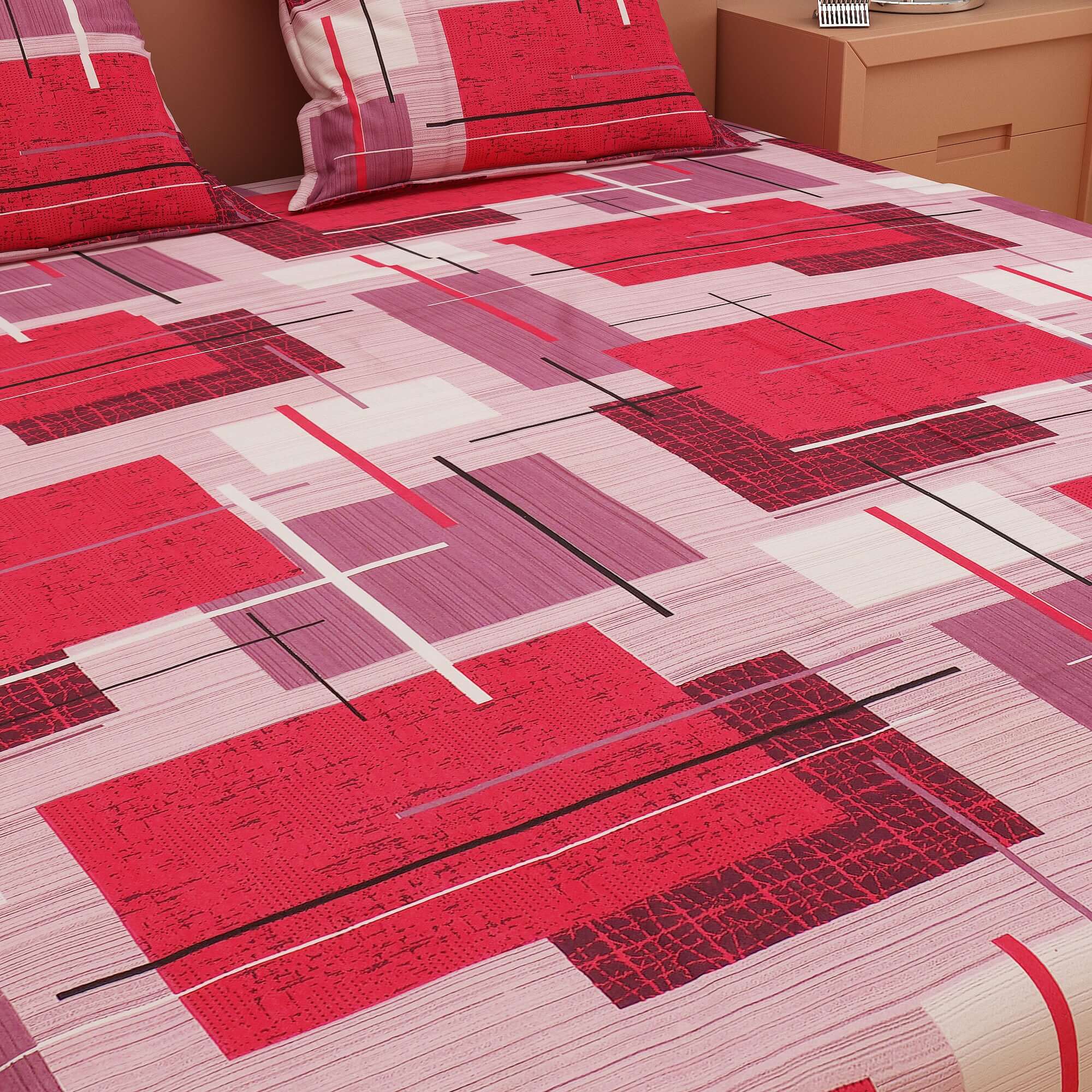 Geometric Print Red 120 TC 100% Pure Cotton Bedsheet - Dream Care Furnishings Private Limited