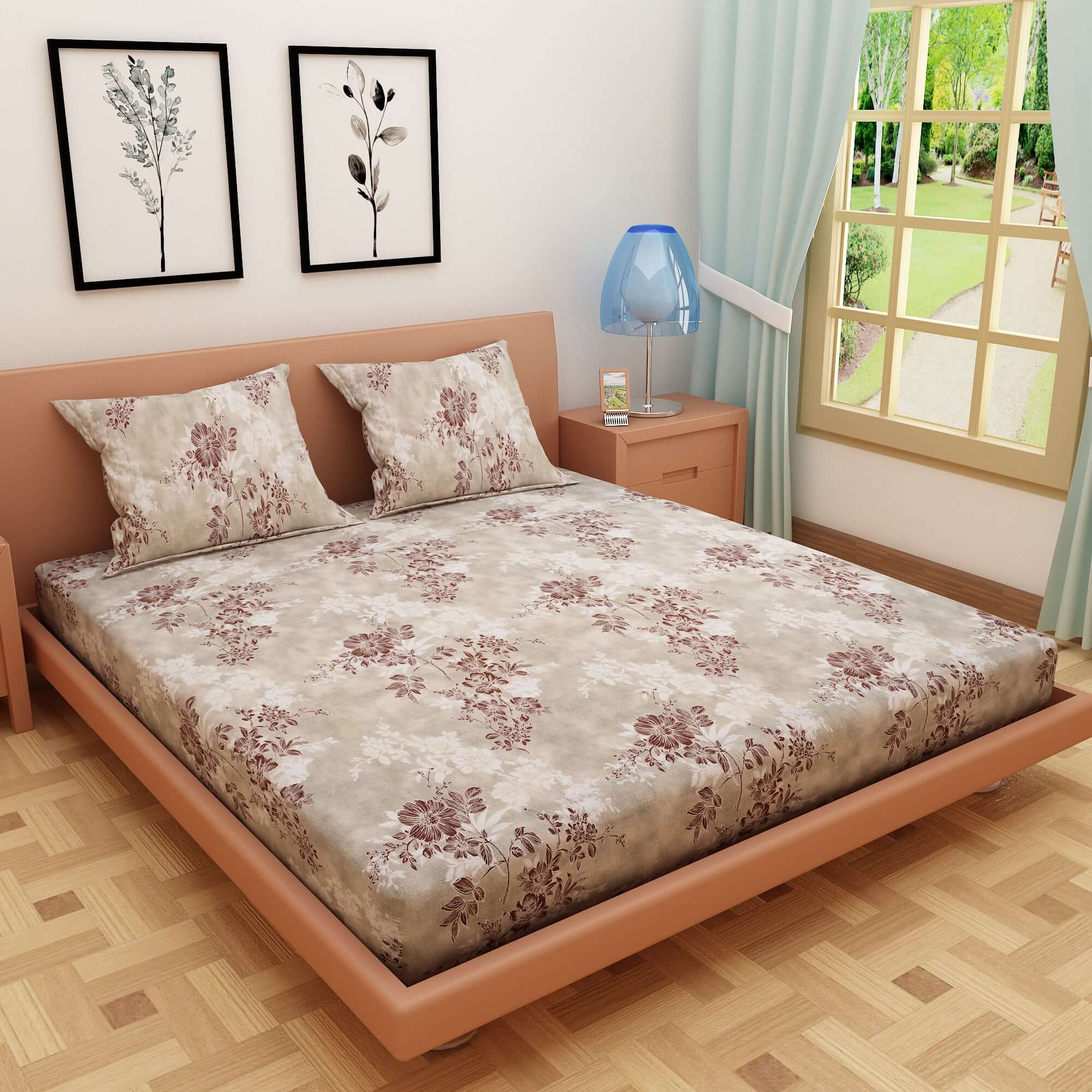 Floral Print Silver 120 TC 100% Pure Cotton Bedsheet - Dream Care Furnishings Private Limited