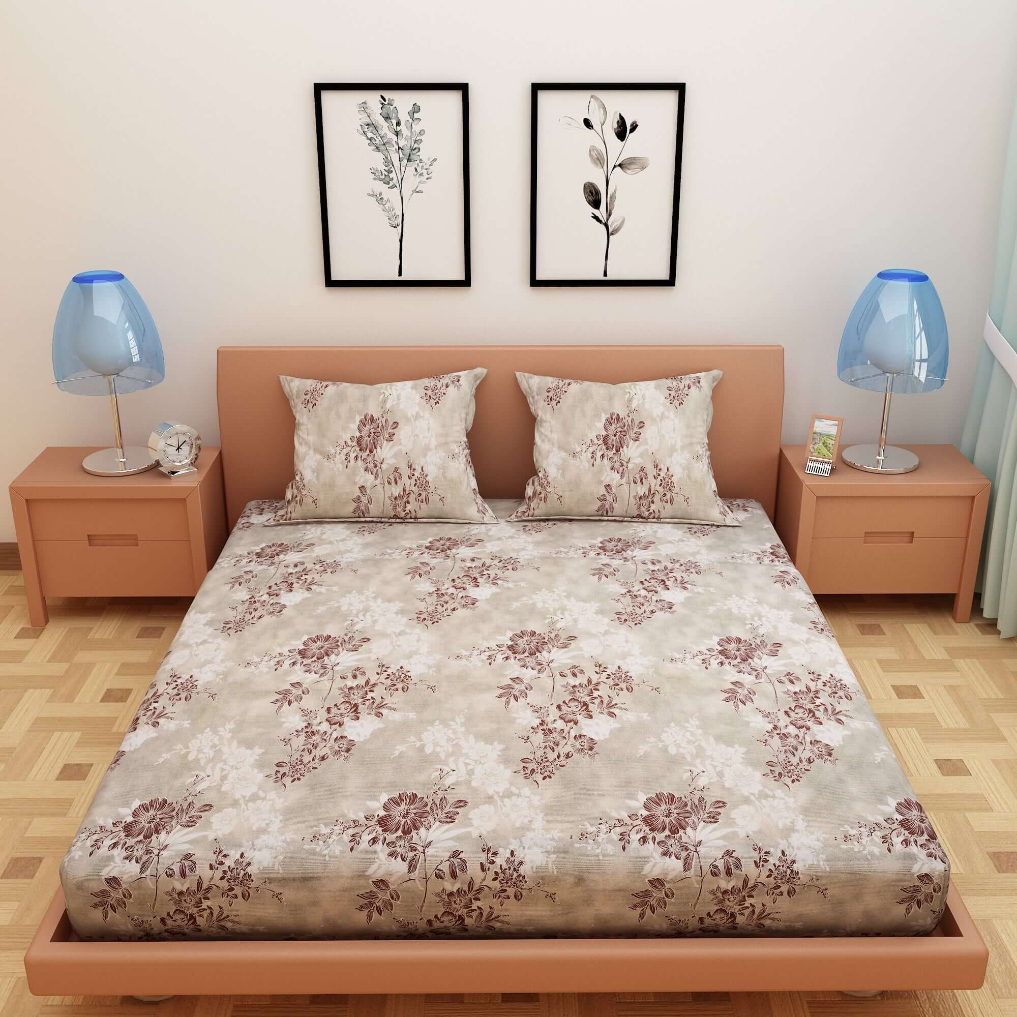 Floral Print Silver 120 TC 100% Pure Cotton Bedsheet - Dream Care Furnishings Private Limited