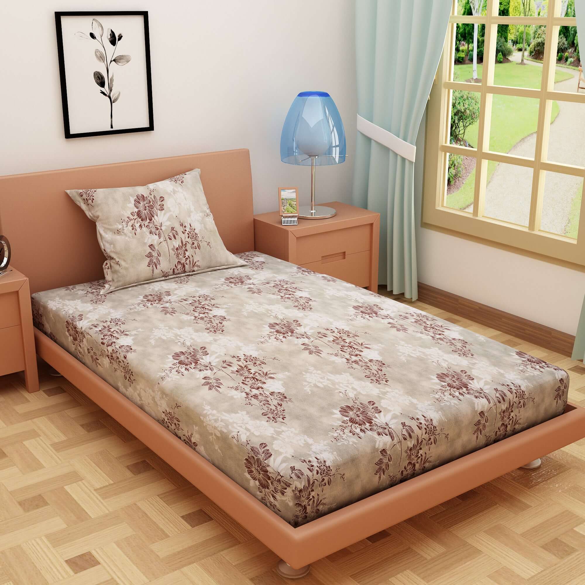 Floral Print Silver 120 TC 100% Pure Cotton Bedsheet - Dream Care Furnishings Private Limited