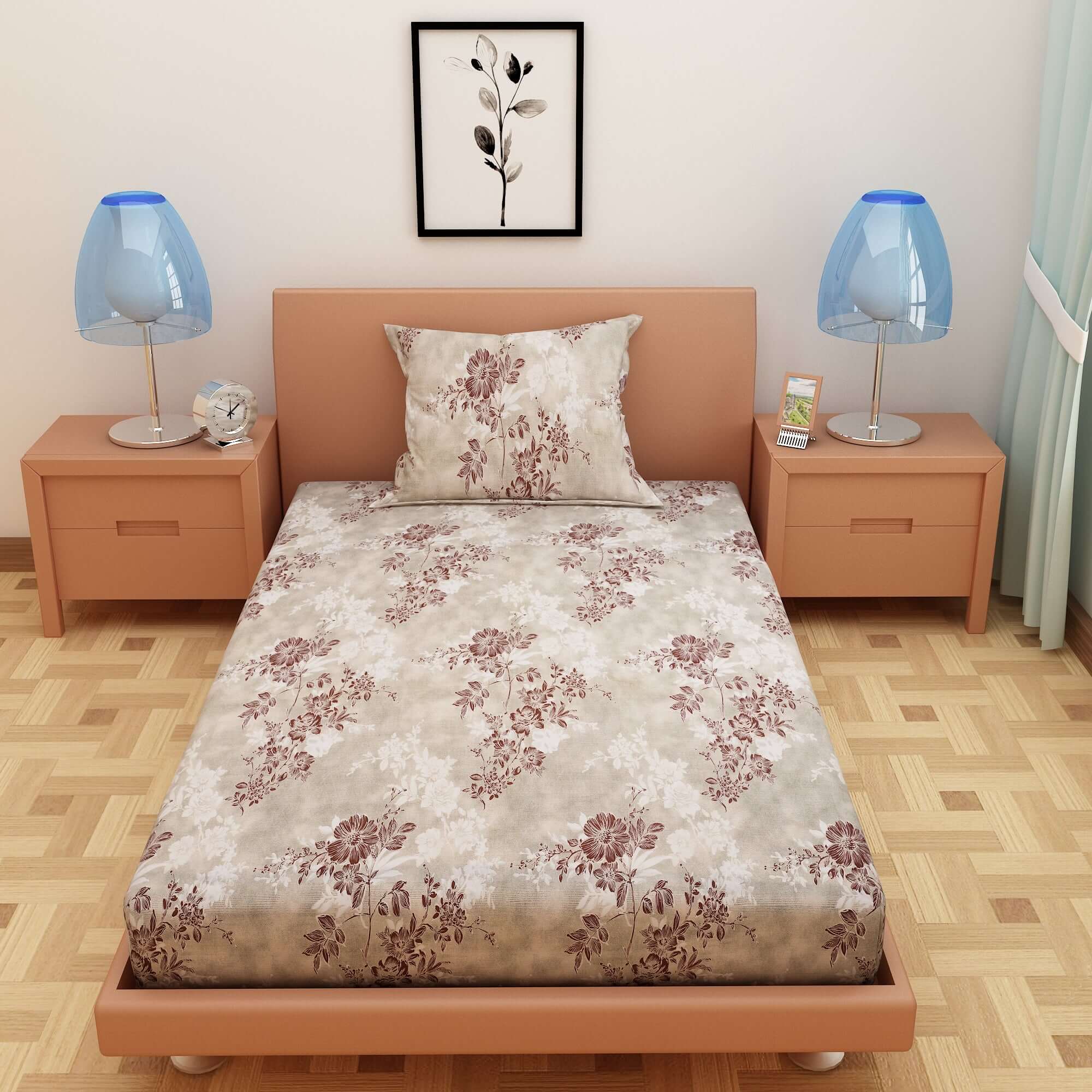 Floral Print Silver 120 TC 100% Pure Cotton Bedsheet - Dream Care Furnishings Private Limited
