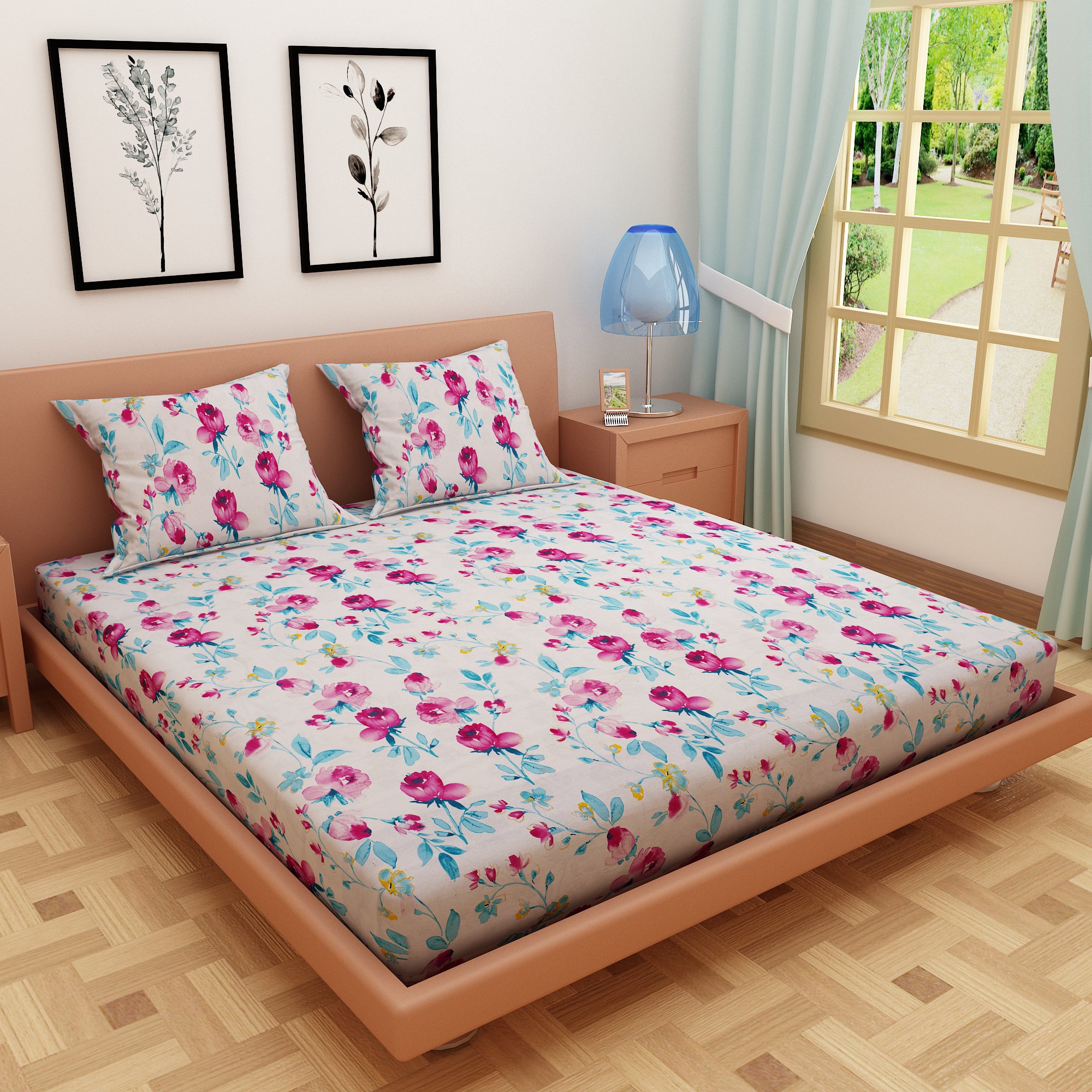 Tulip Print Dark Pink 120 TC 100% Pure Cotton Bedsheet - Dream Care Furnishings Private Limited