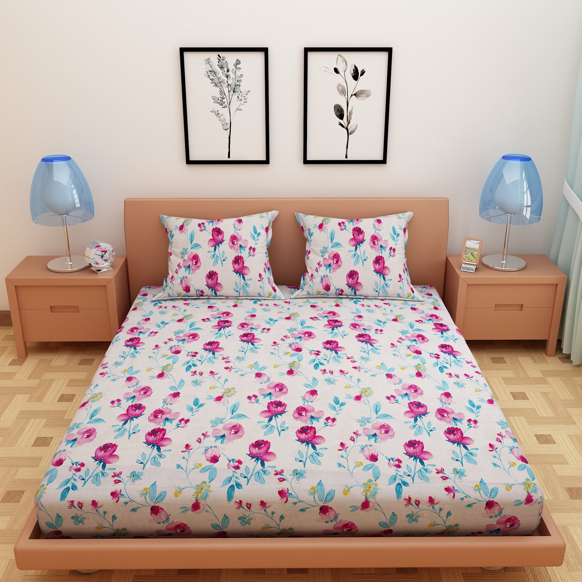 Tulip Print Dark Pink 120 TC 100% Pure Cotton Bedsheet - Dream Care Furnishings Private Limited
