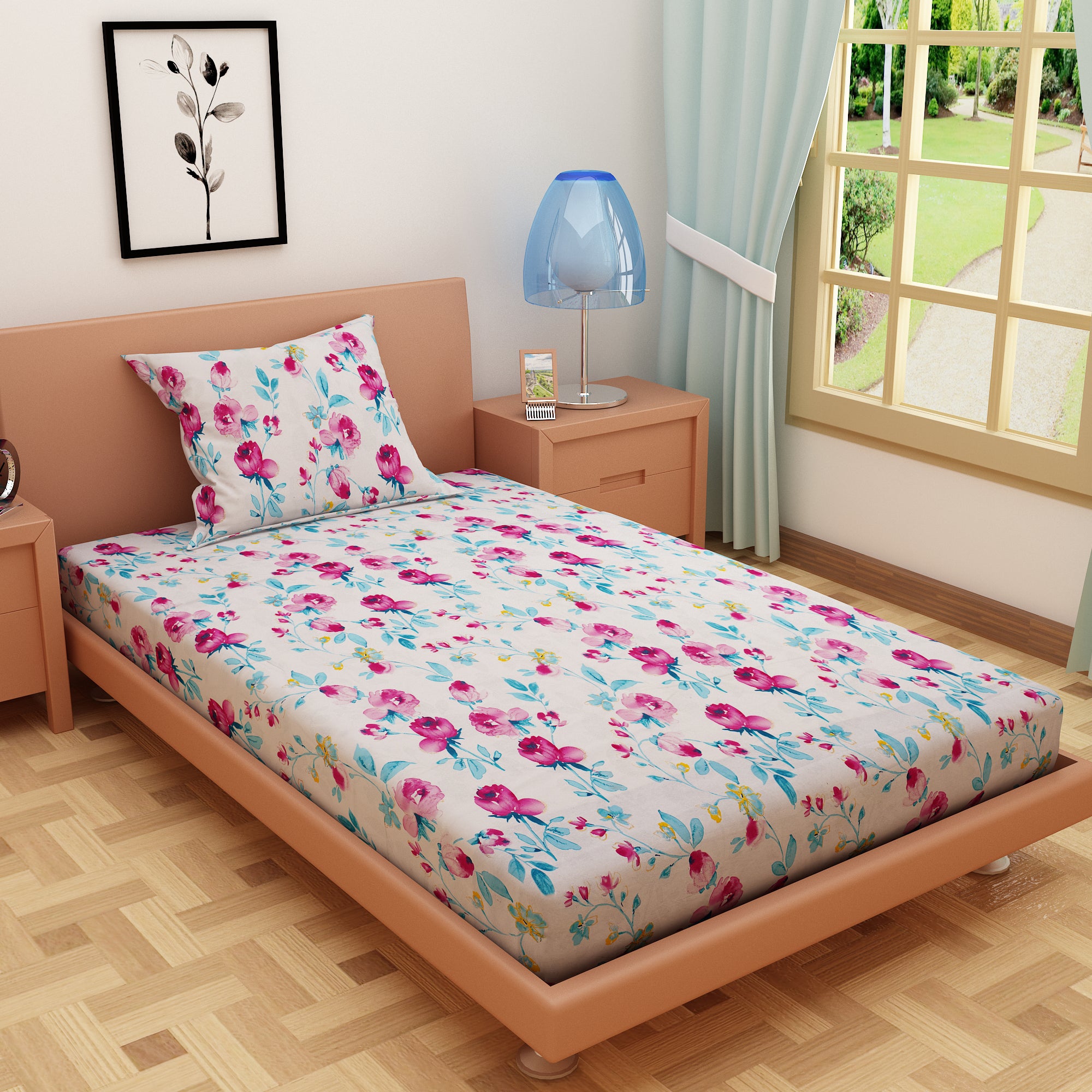 Tulip Print Dark Pink 120 TC 100% Pure Cotton Bedsheet - Dream Care Furnishings Private Limited