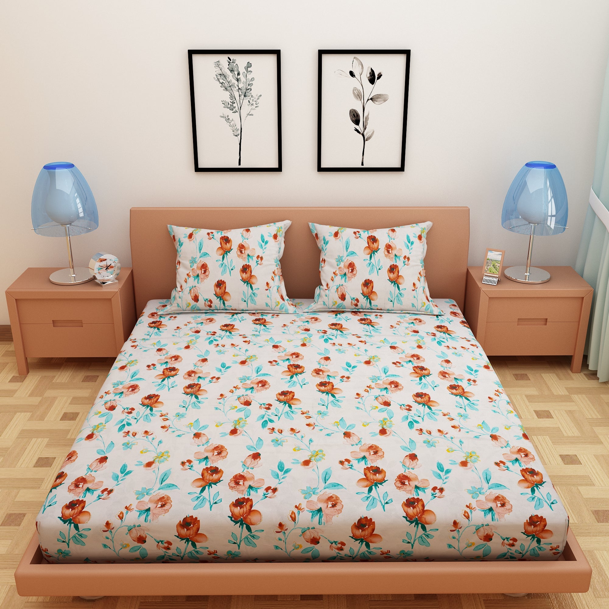Tulip Print Mustard 120 TC 100% Pure Cotton Bedsheet - Dream Care Furnishings Private Limited