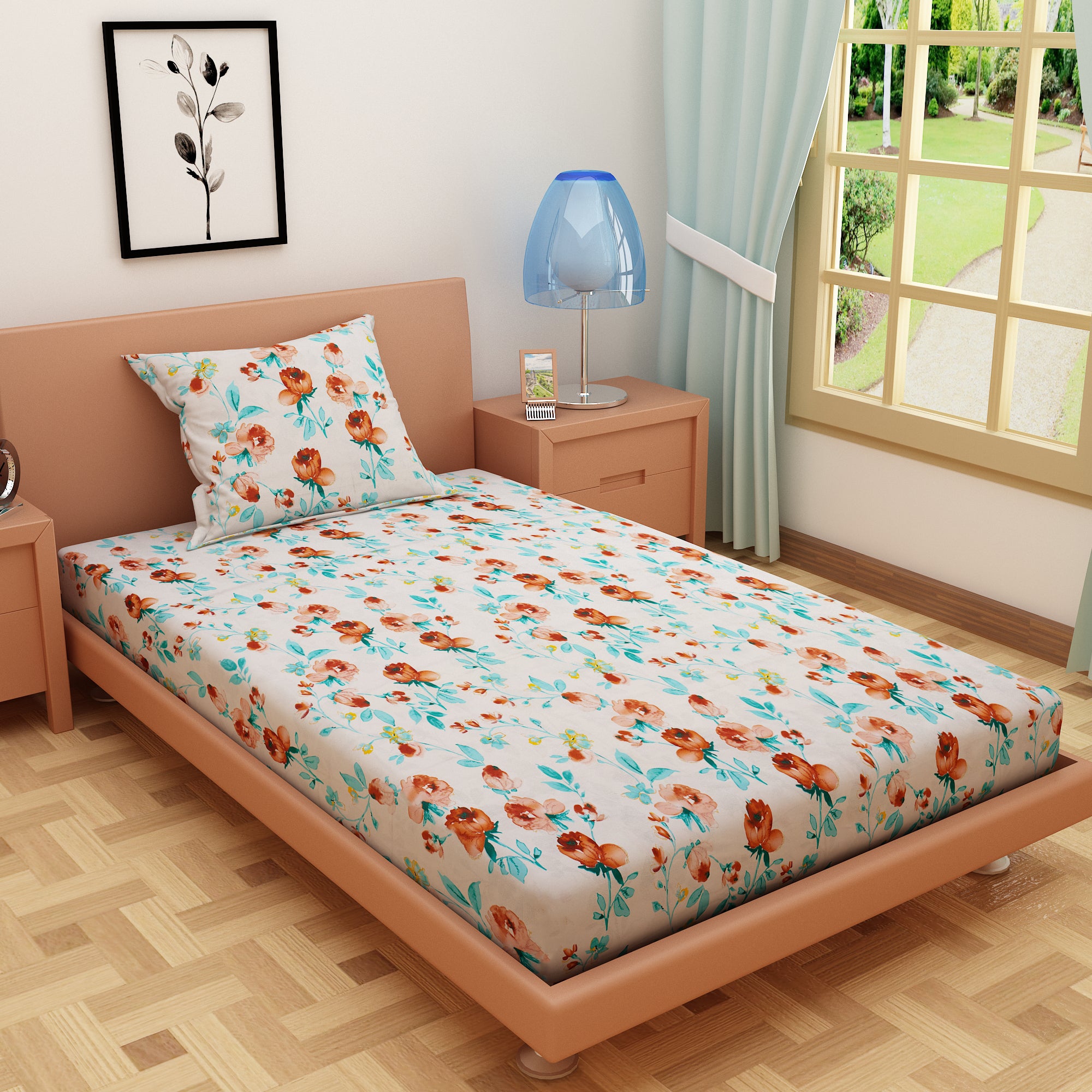 Tulip Print Mustard 120 TC 100% Pure Cotton Bedsheet - Dream Care Furnishings Private Limited