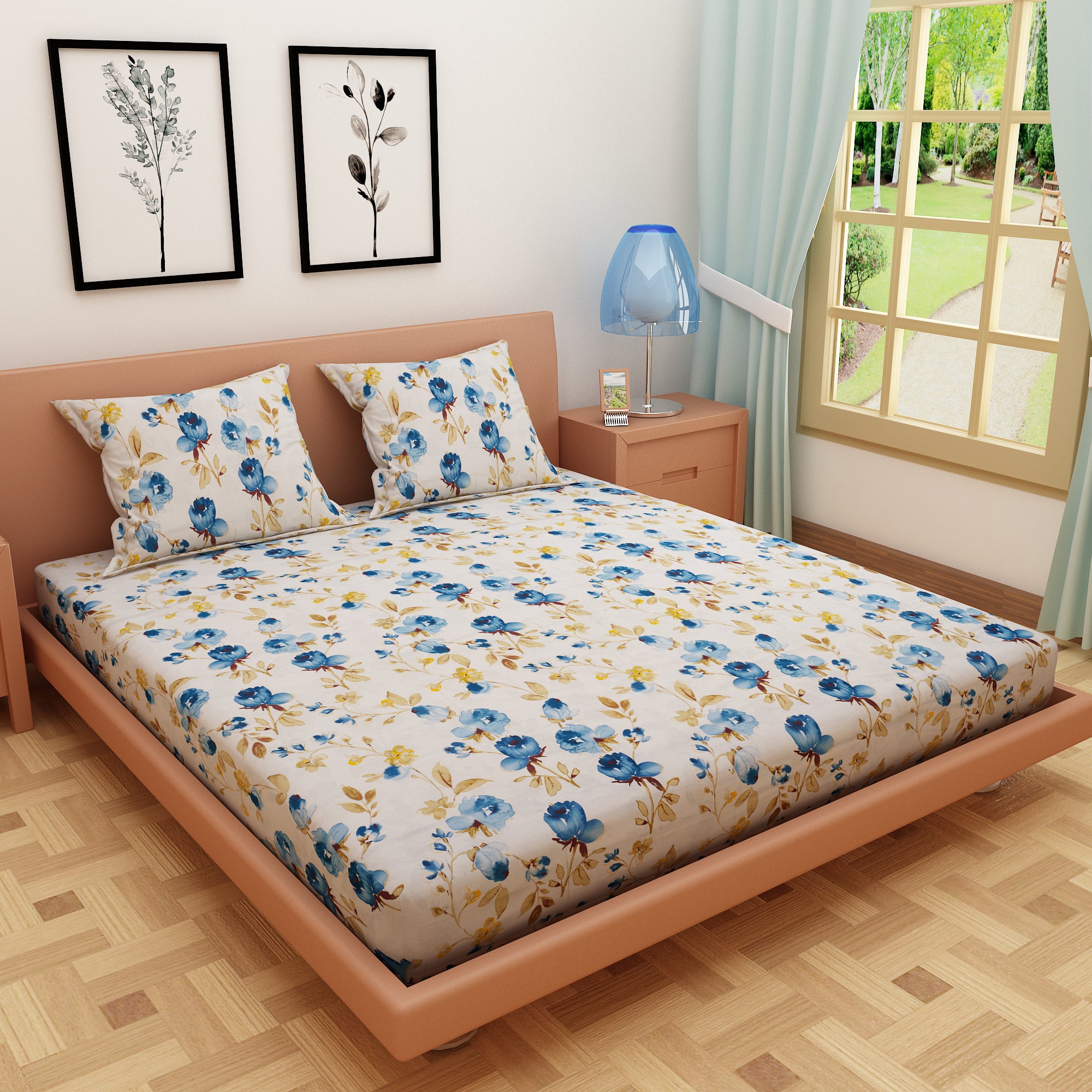 Tulip Print Blue 120 TC 100% Pure Cotton Bedsheet - Dream Care Furnishings Private Limited