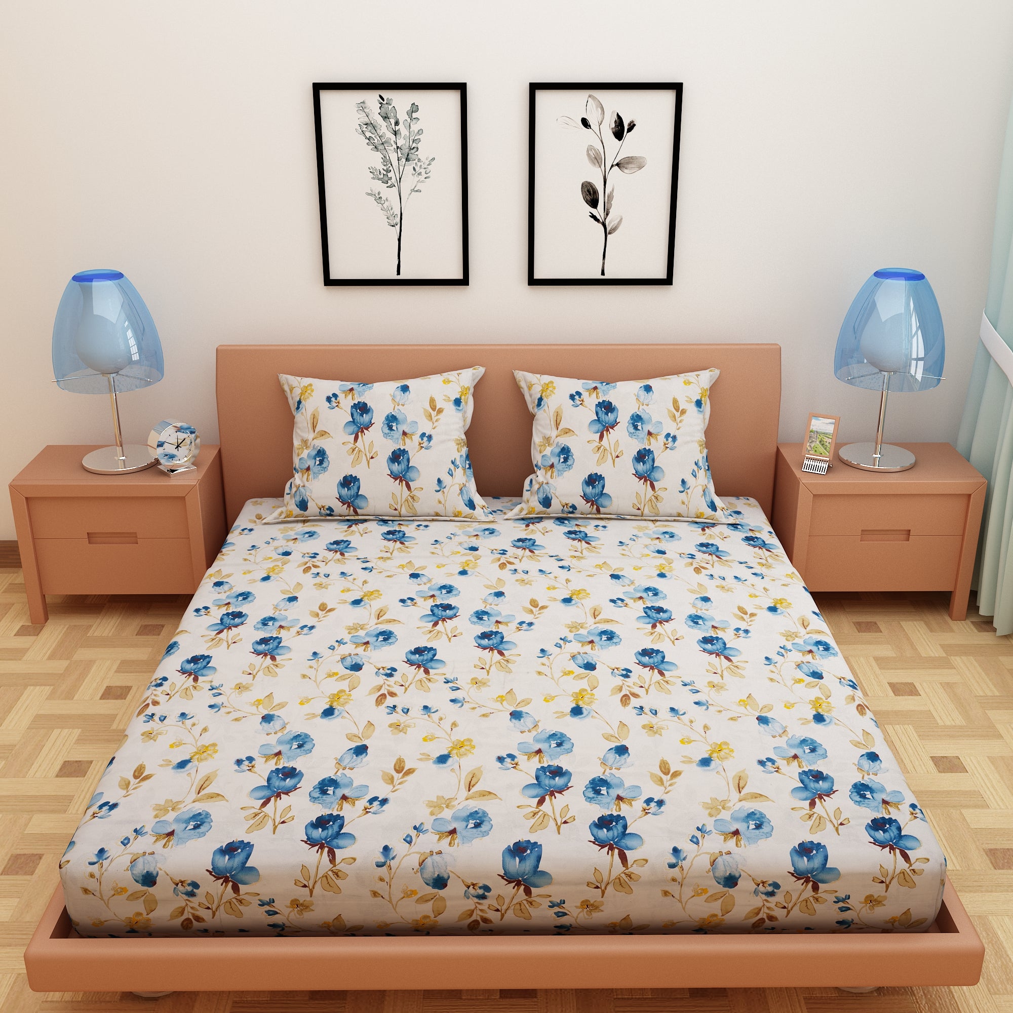 Tulip Print Blue 120 TC 100% Pure Cotton Bedsheet - Dream Care Furnishings Private Limited