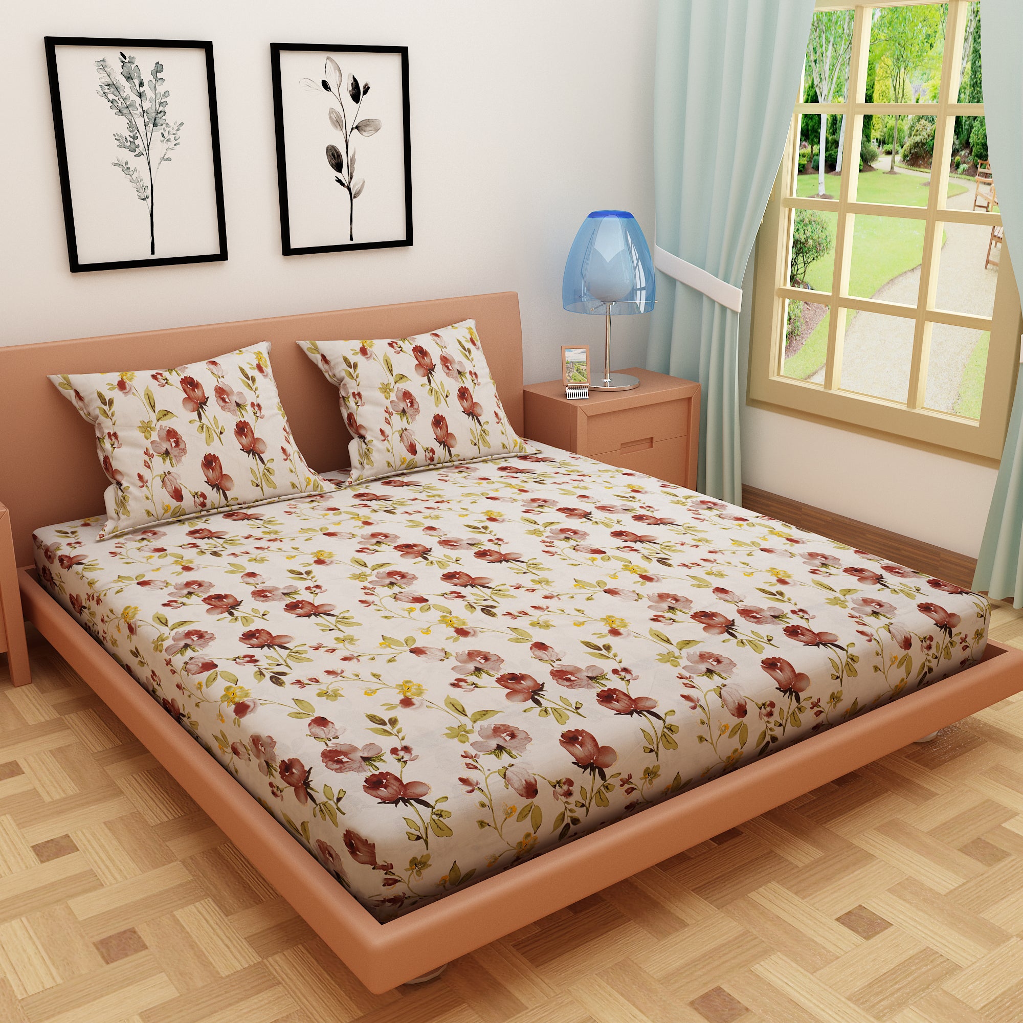 Tulip Print Brown 120 TC 100% Pure Cotton Bedsheet - Dream Care Furnishings Private Limited