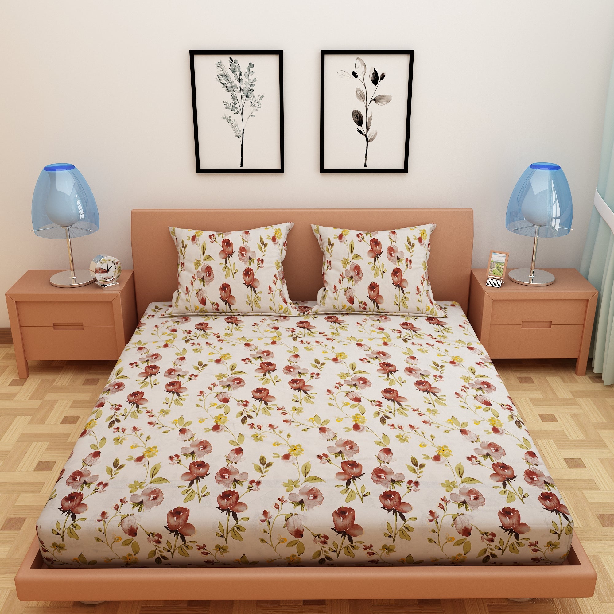 Tulip Print Brown 120 TC 100% Pure Cotton Bedsheet - Dream Care Furnishings Private Limited