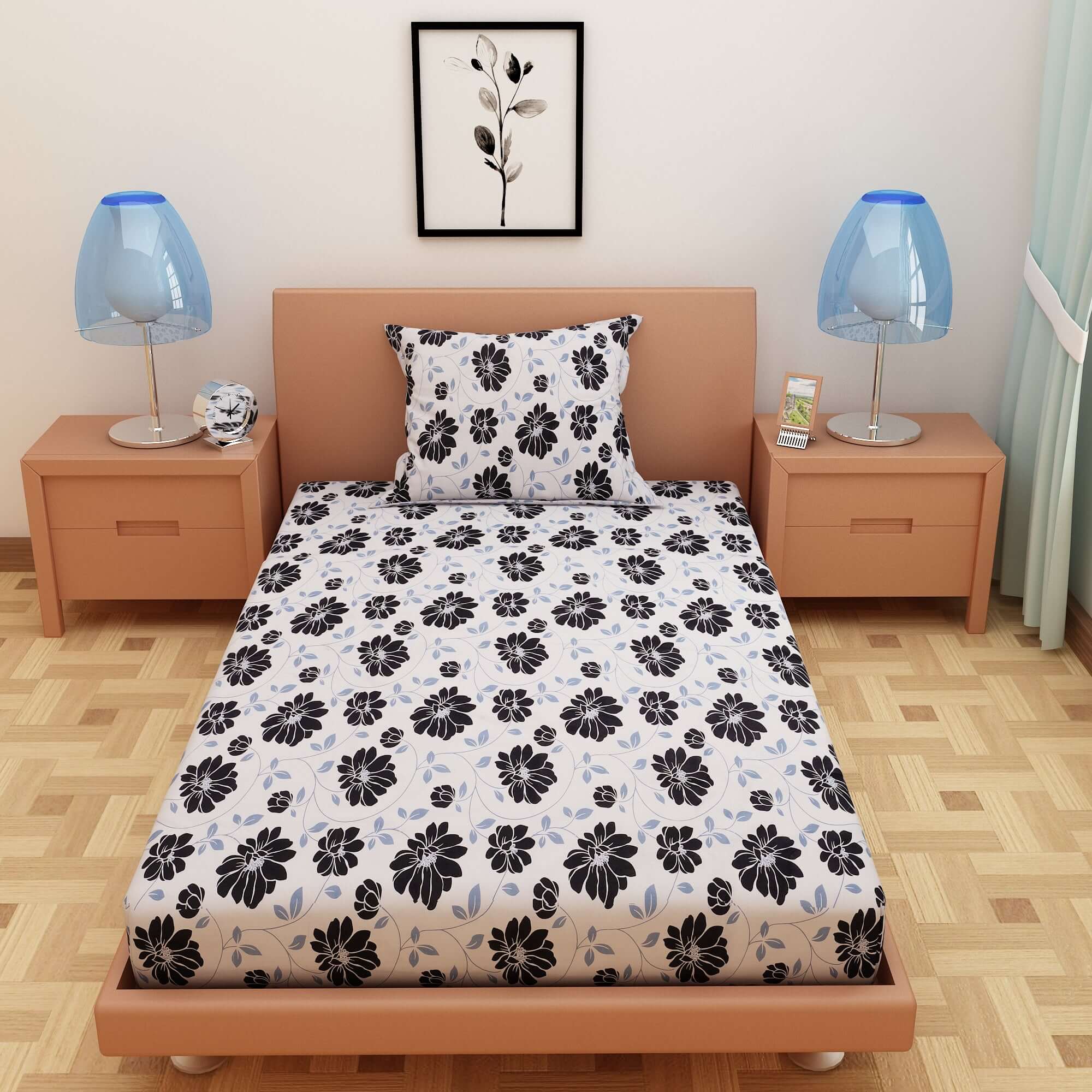 Floral Print Black 120 TC 100% Pure Cotton Bedsheet - Dream Care Furnishings Private Limited