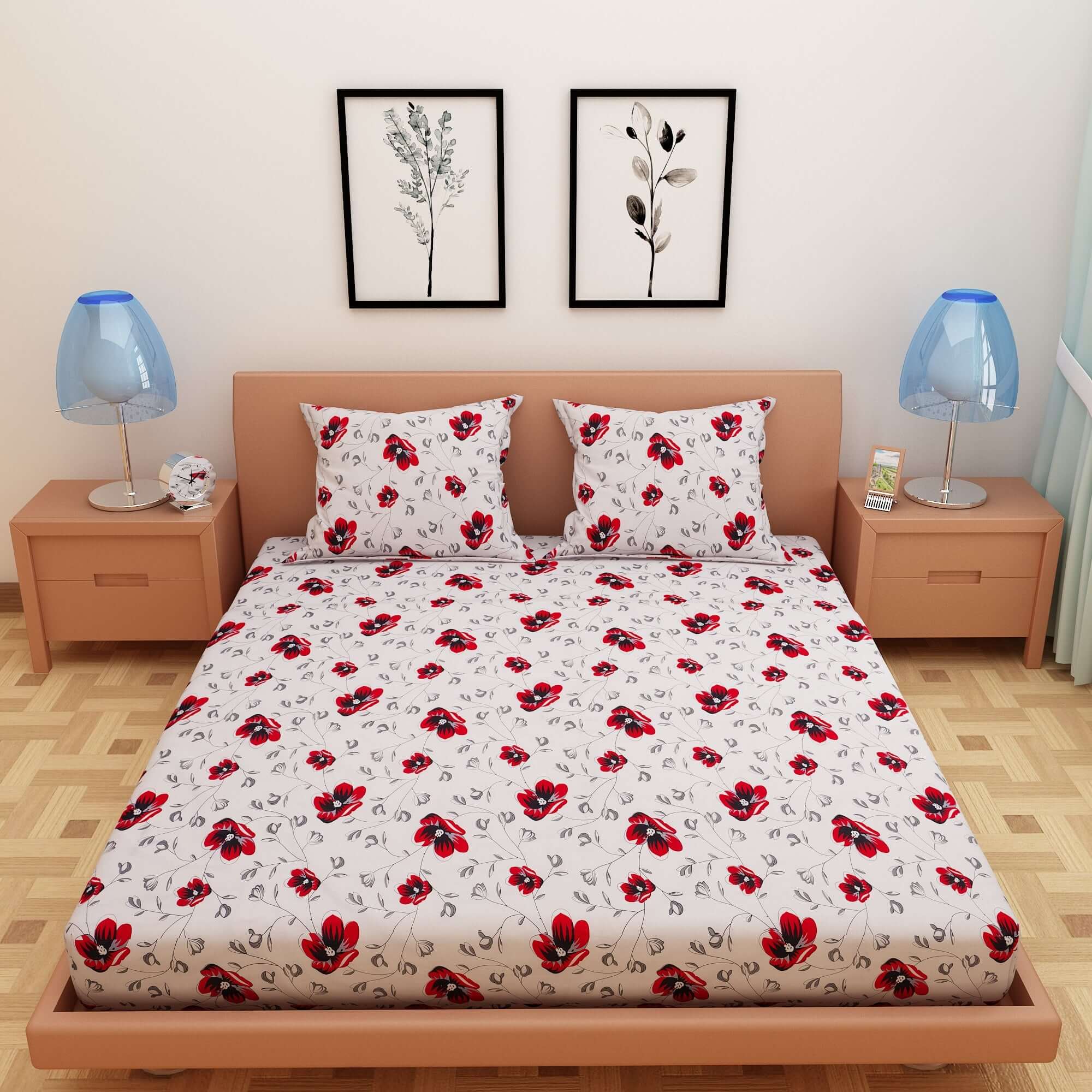Floral Print Red & Black 120 TC 100% Pure Cotton Bedsheet - Dream Care Furnishings Private Limited