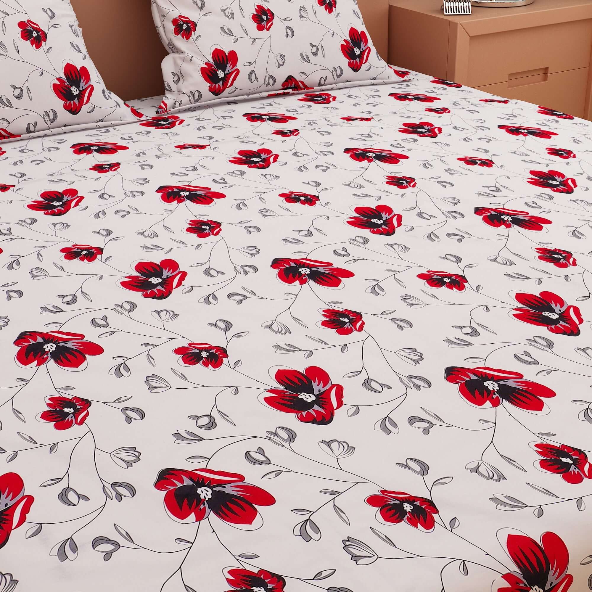 Floral Print Red & Black 120 TC 100% Pure Cotton Bedsheet - Dream Care Furnishings Private Limited