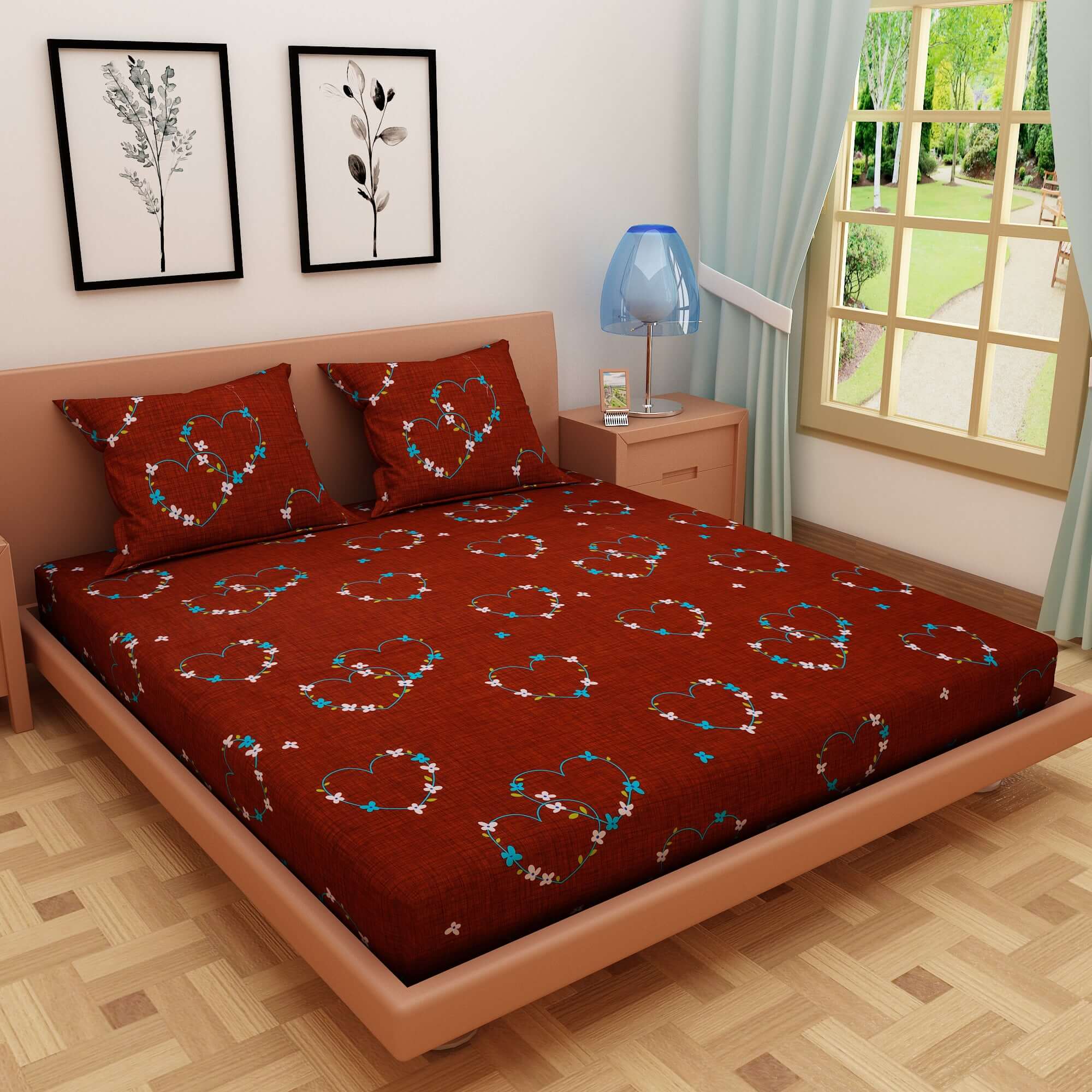 Heart Print Granet 120 TC 100% Pure Cotton Bedsheet - Dream Care Furnishings Private Limited