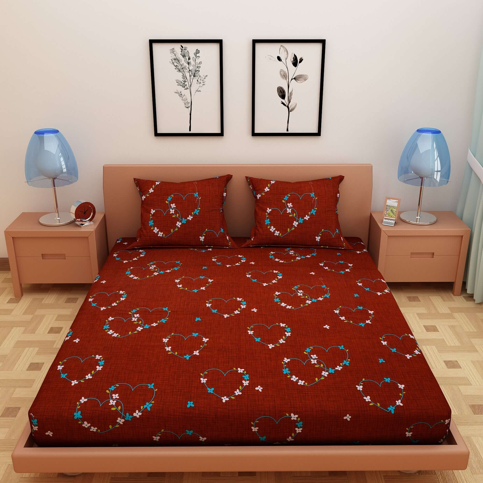 Heart Print Granet 120 TC 100% Pure Cotton Bedsheet - Dream Care Furnishings Private Limited
