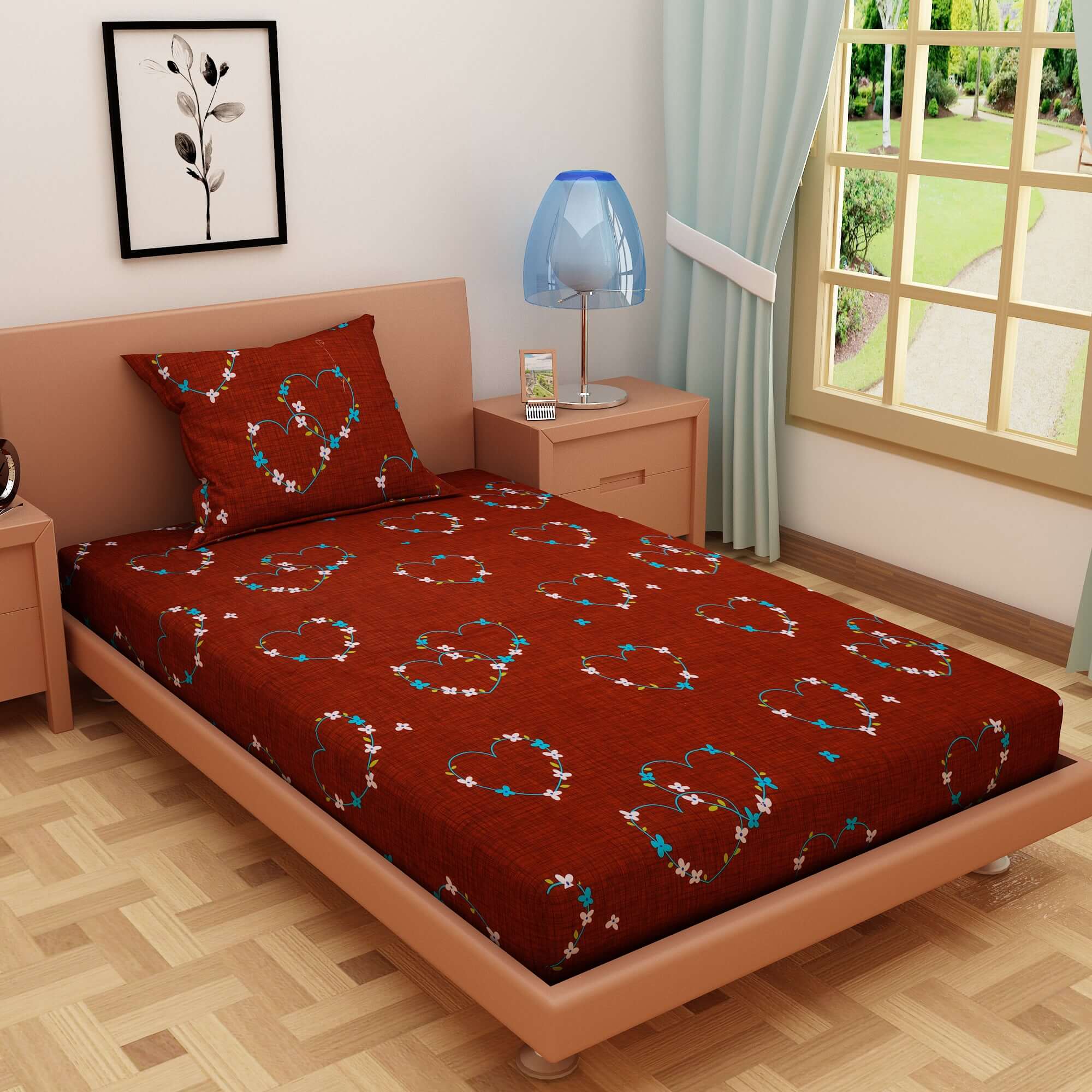 Heart Print Granet 120 TC 100% Pure Cotton Bedsheet - Dream Care Furnishings Private Limited