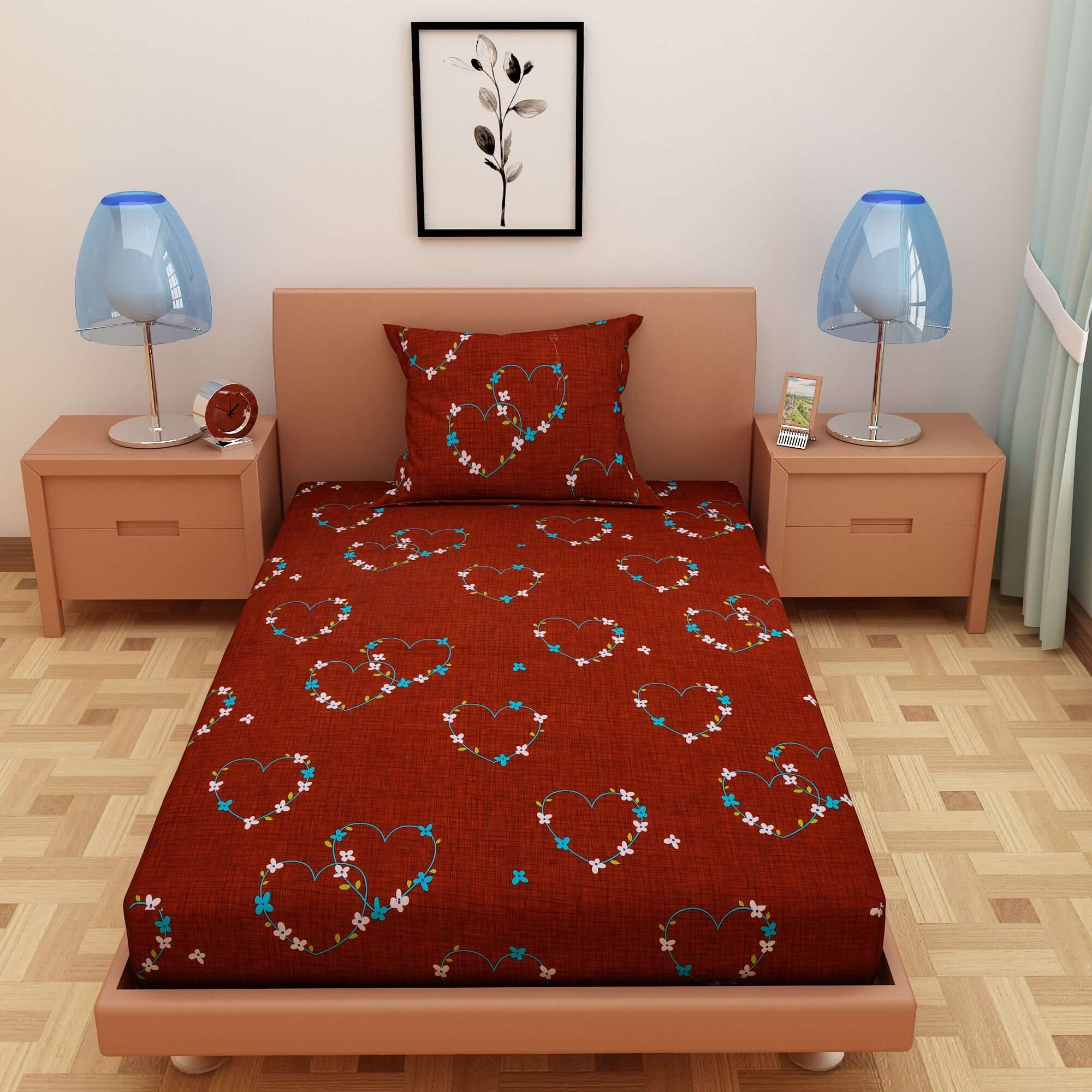Heart Print Granet 120 TC 100% Pure Cotton Bedsheet - Dream Care Furnishings Private Limited