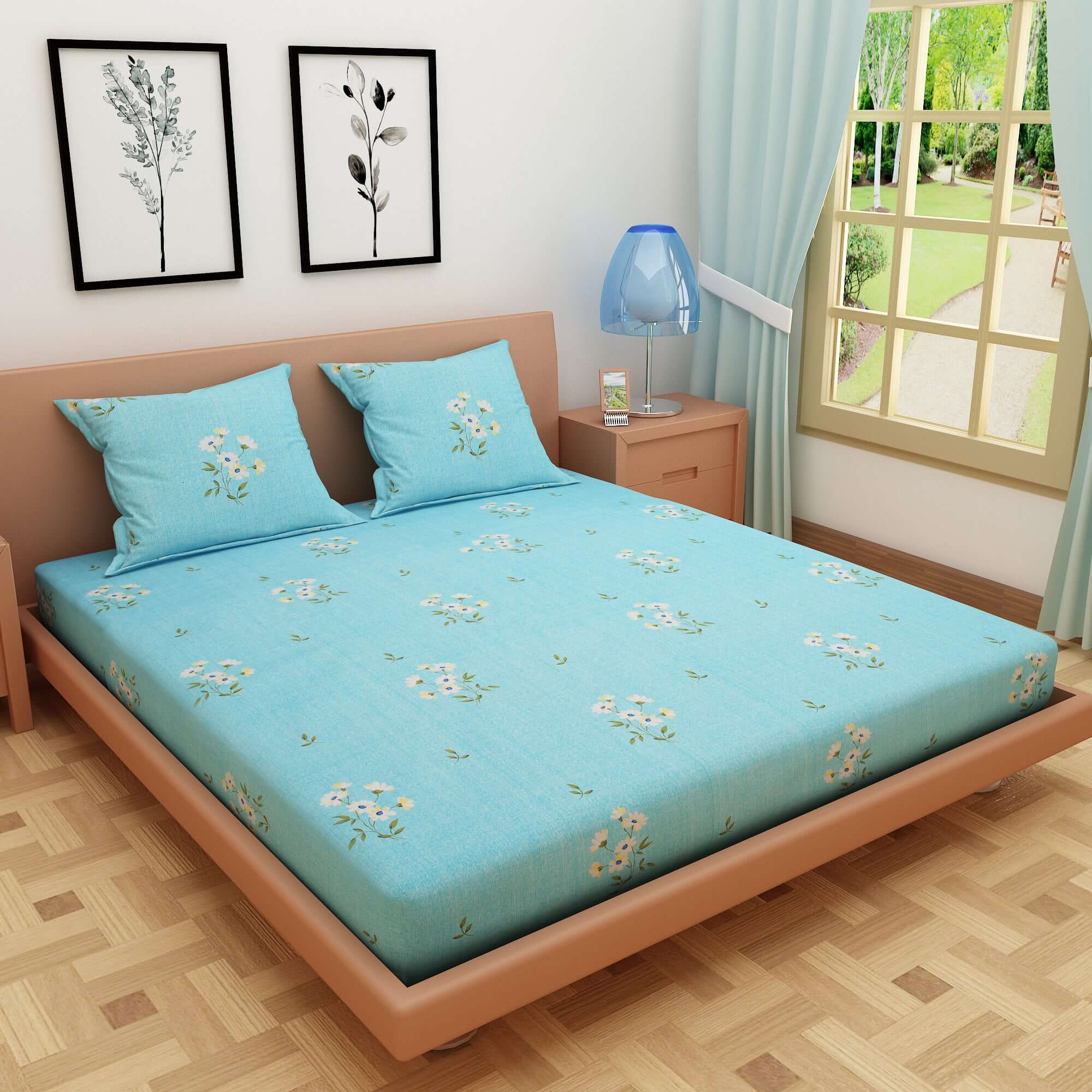 Floral Print Blue 180 TC 100% Pure Cotton Bedsheet - Dream Care Furnishings Private Limited
