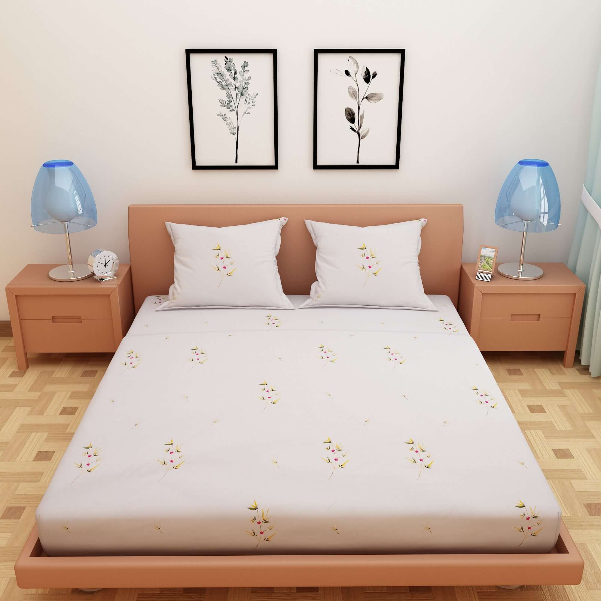 Floral Print Yellow 220 TC 100% Pure Cotton Bedsheet - Dream Care Furnishings Private Limited