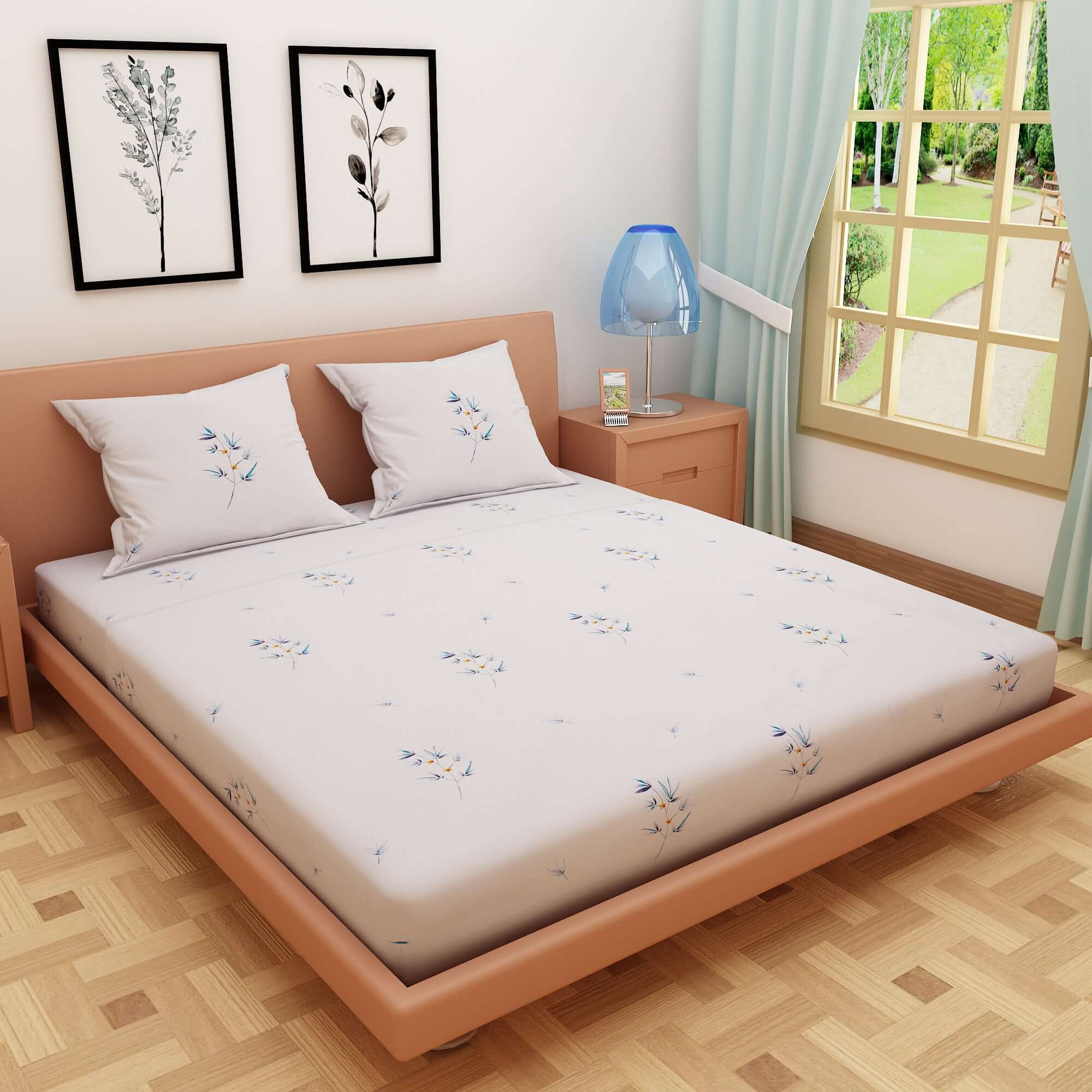 Floral Print Blue 220 TC 100% Pure Cotton Bedsheet - Dream Care Furnishings Private Limited