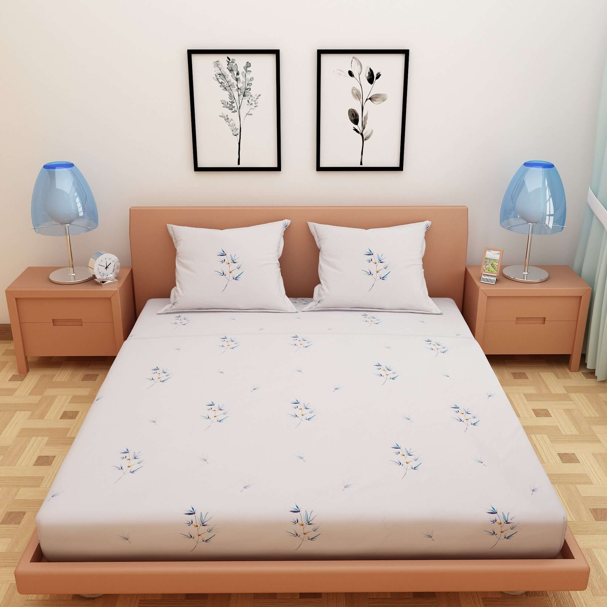 Floral Print Blue 220 TC 100% Pure Cotton Bedsheet - Dream Care Furnishings Private Limited