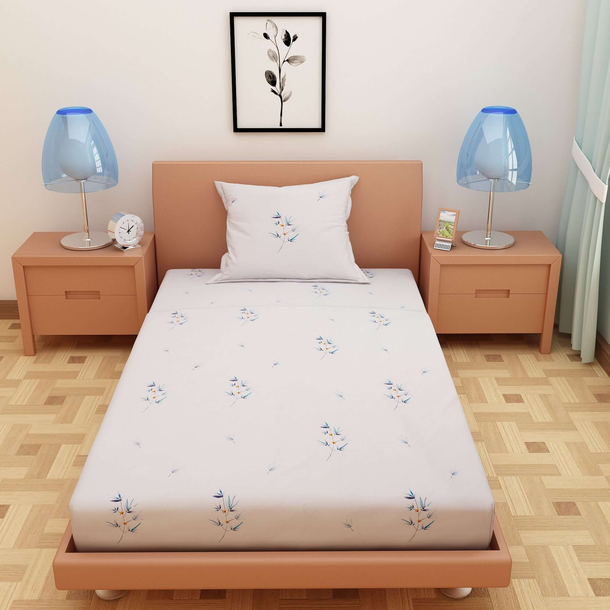 Floral Print Blue 220 TC 100% Pure Cotton Bedsheet - Dream Care Furnishings Private Limited