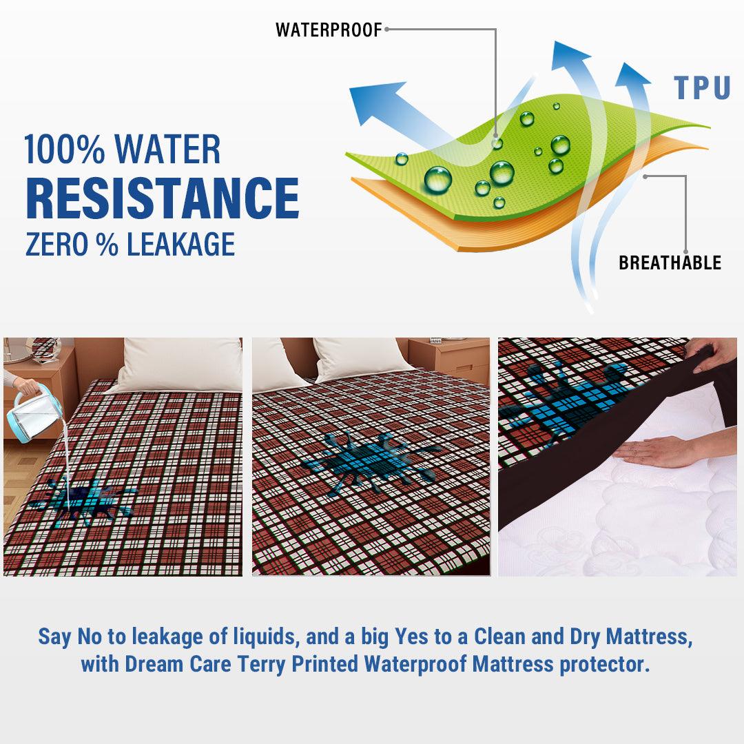 Waterproof Mattress Protector with 360 Degree Elastic Strap, Luxury Terry Printed (Brown, Available in 16 Sizes) - Dream Care Furnishings Private Limited
